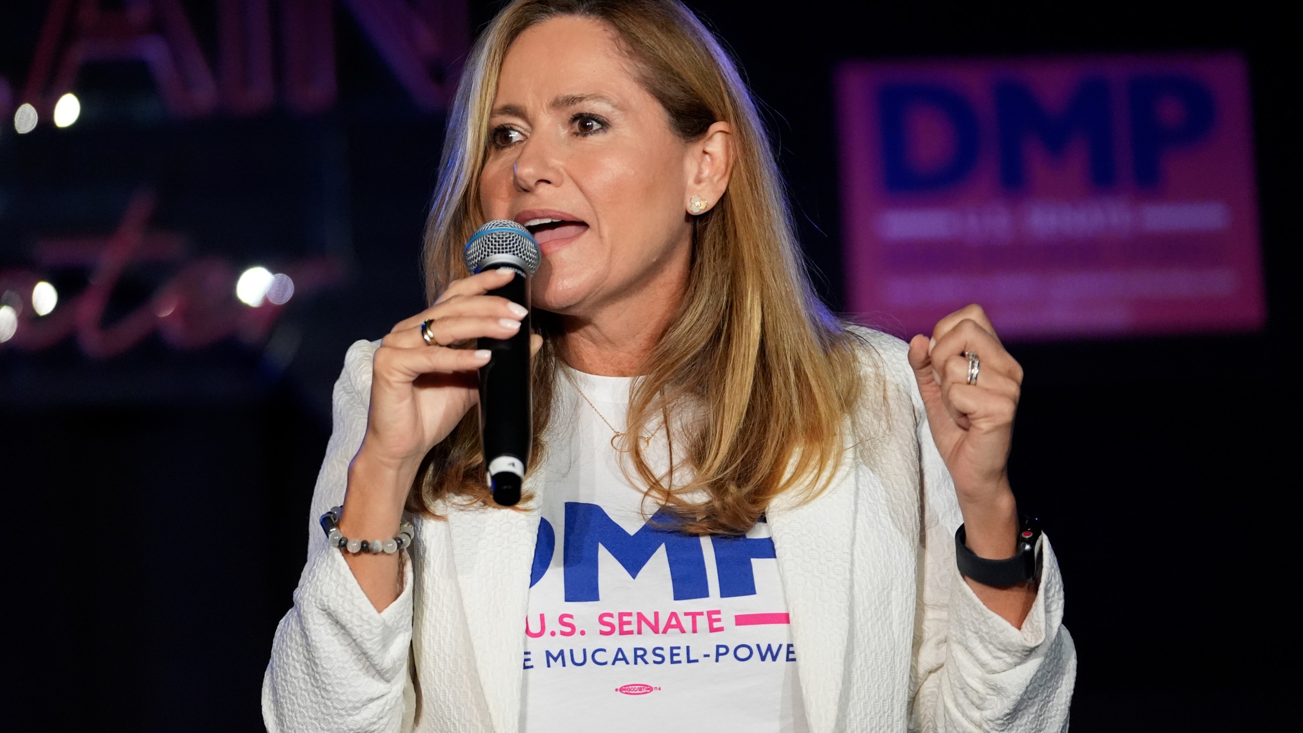 FILE - Former Rep. Debbie Mucarsel-Powell, who is the Democratic candidate for the U.S. Senate, speaks during a campaign event before launching a 75 stop tour across Florida, Aug. 28, 2024, in Miami. (AP Photo/Lynne Sladky, File)