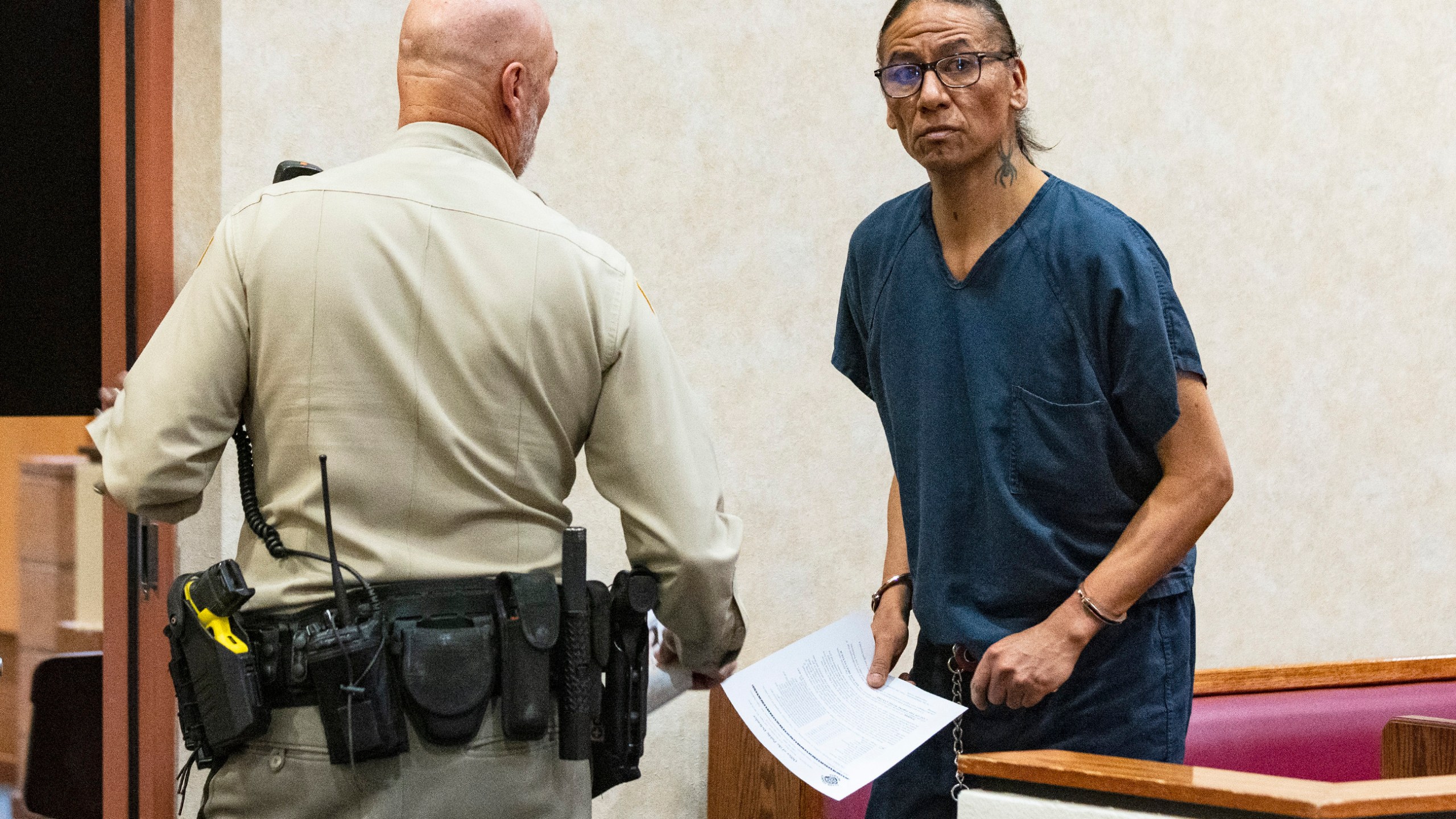 FILE - Nathan Chasing Horse is led out of the courtroom after being arraigned at North Las Vegas Justice Court, Feb. 2, 2023. (Bizuayehu Tesfaye/Las Vegas Review-Journal via AP, File)