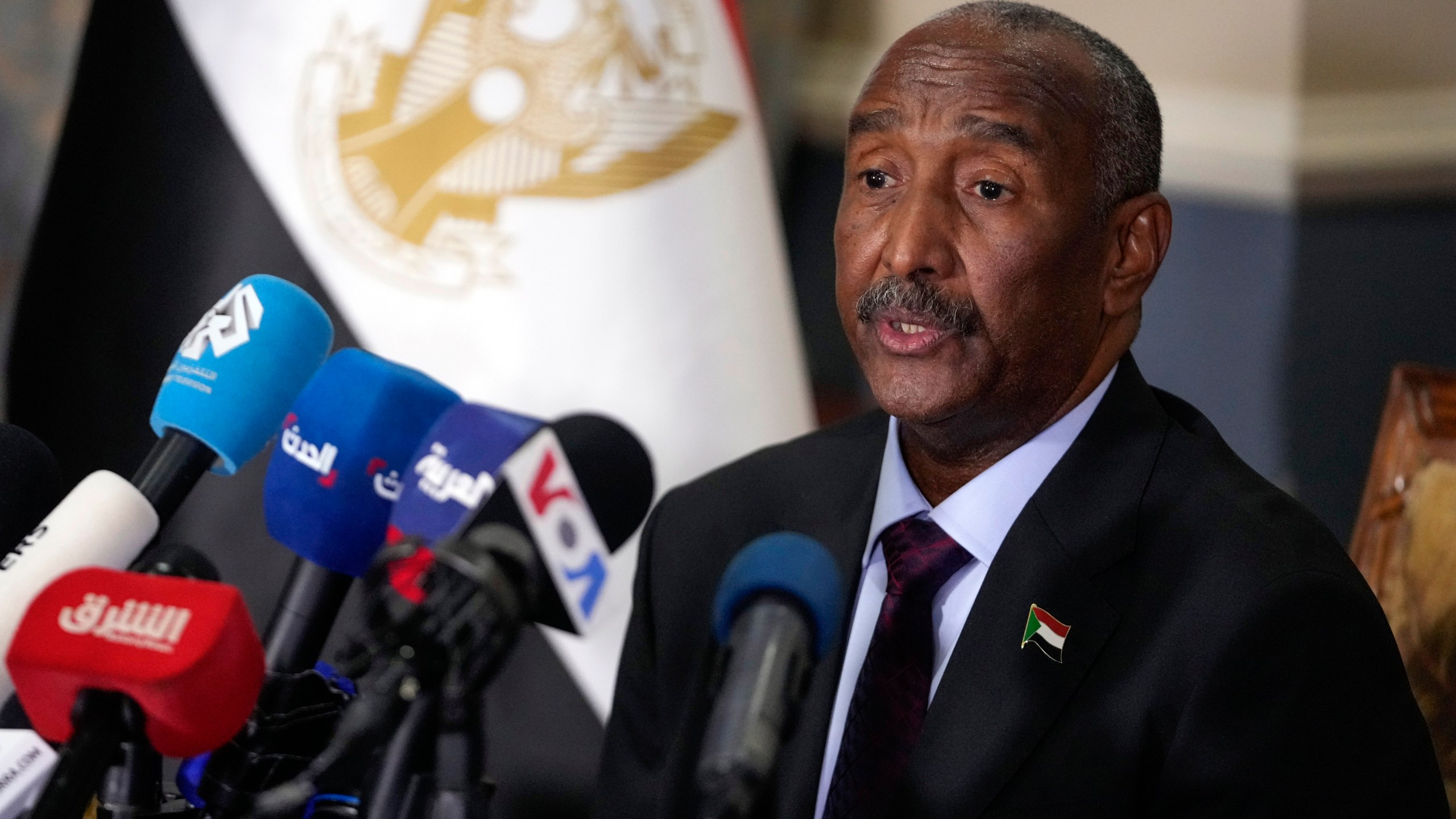 Gen. Abdel-Fattah Burhan, President of the Transitional Sovereign Council of Sudan, speaks during a news conference at the Sudan Mission to the United Nations Thursday, Sept. 26, 2024, in New York. (AP Photo/Frank Franklin II)