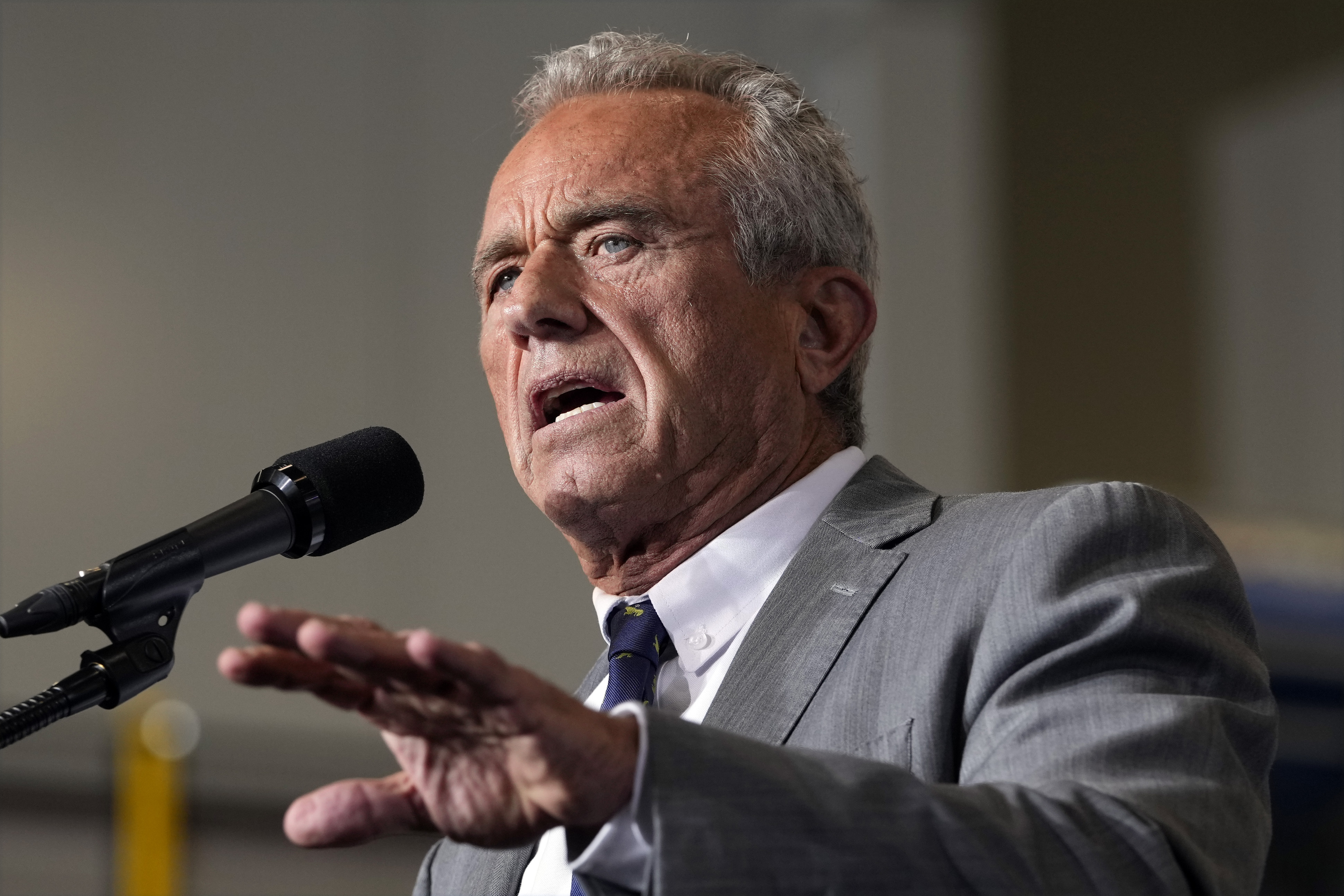 Robert F. Kennedy, Jr., speaks before Republican presidential nominee former President Donald Trump at a campaign event, Friday, Sept. 27, 2024 in Walker, Mich. (AP Photo/Carlos Osorio)