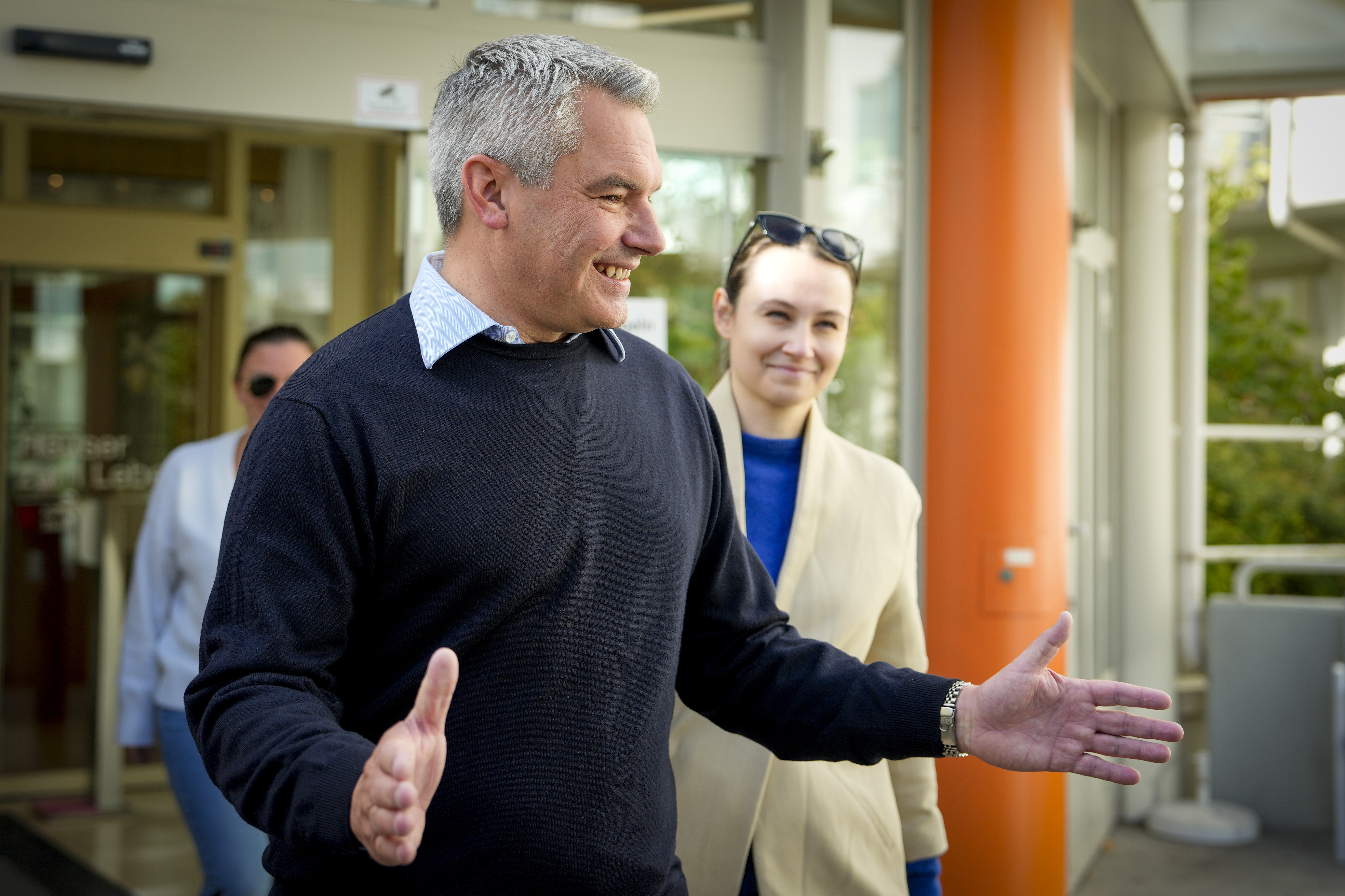 Austrian Chancellor Karl Nehammer smiles while leaving a polling station in Vienna, Austria, Sunday, Sept. 29, 2024, after casting his vote in the country's national election. (AP Photo/Andreea Alexandru)