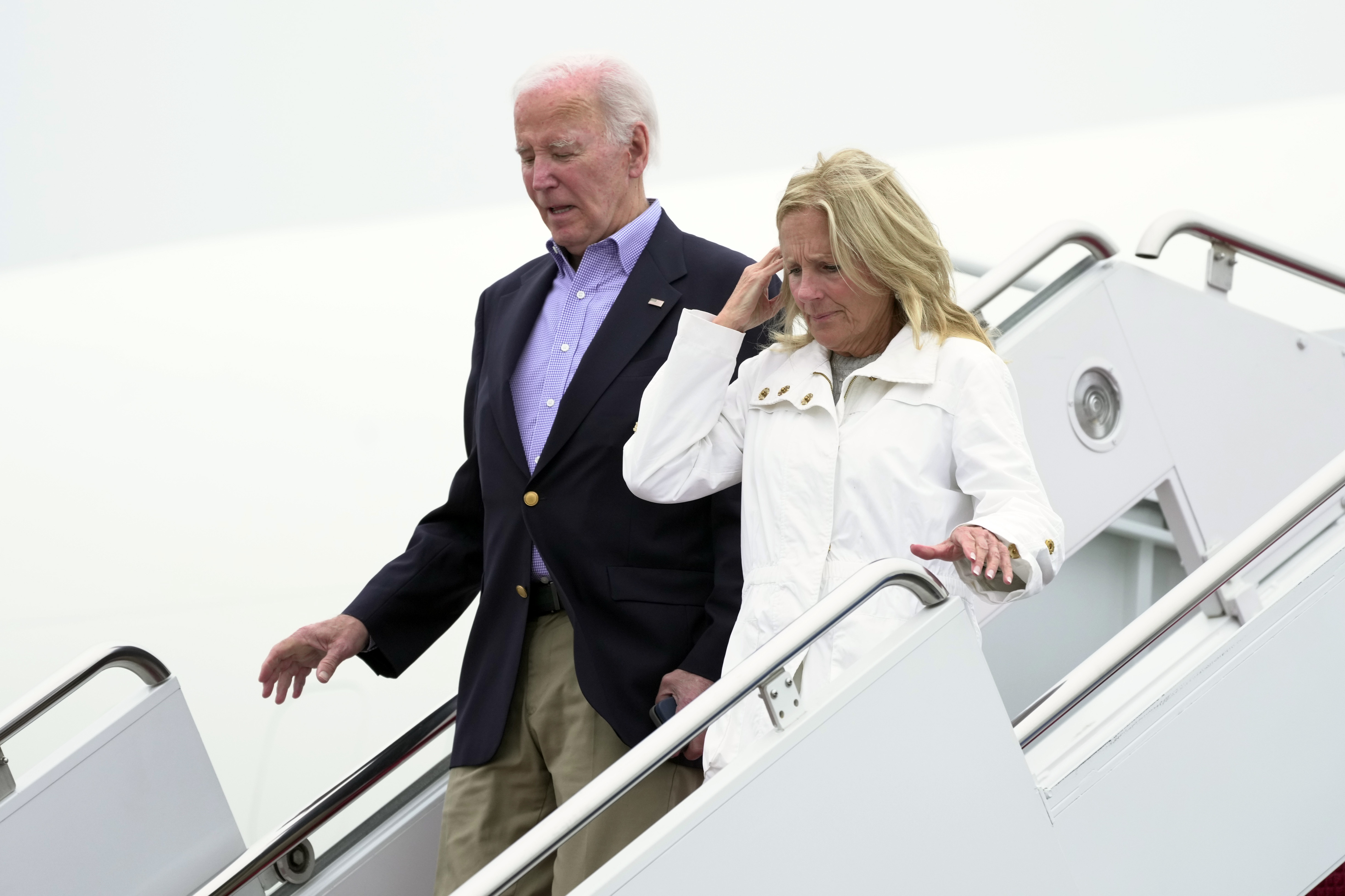 President Joe Biden and first lady Jill Biden arrive on Air Force One at Joint Base Andrews, Md., Sunday, Sept. 29, 2024. (AP Photo/Manuel Balce Ceneta)