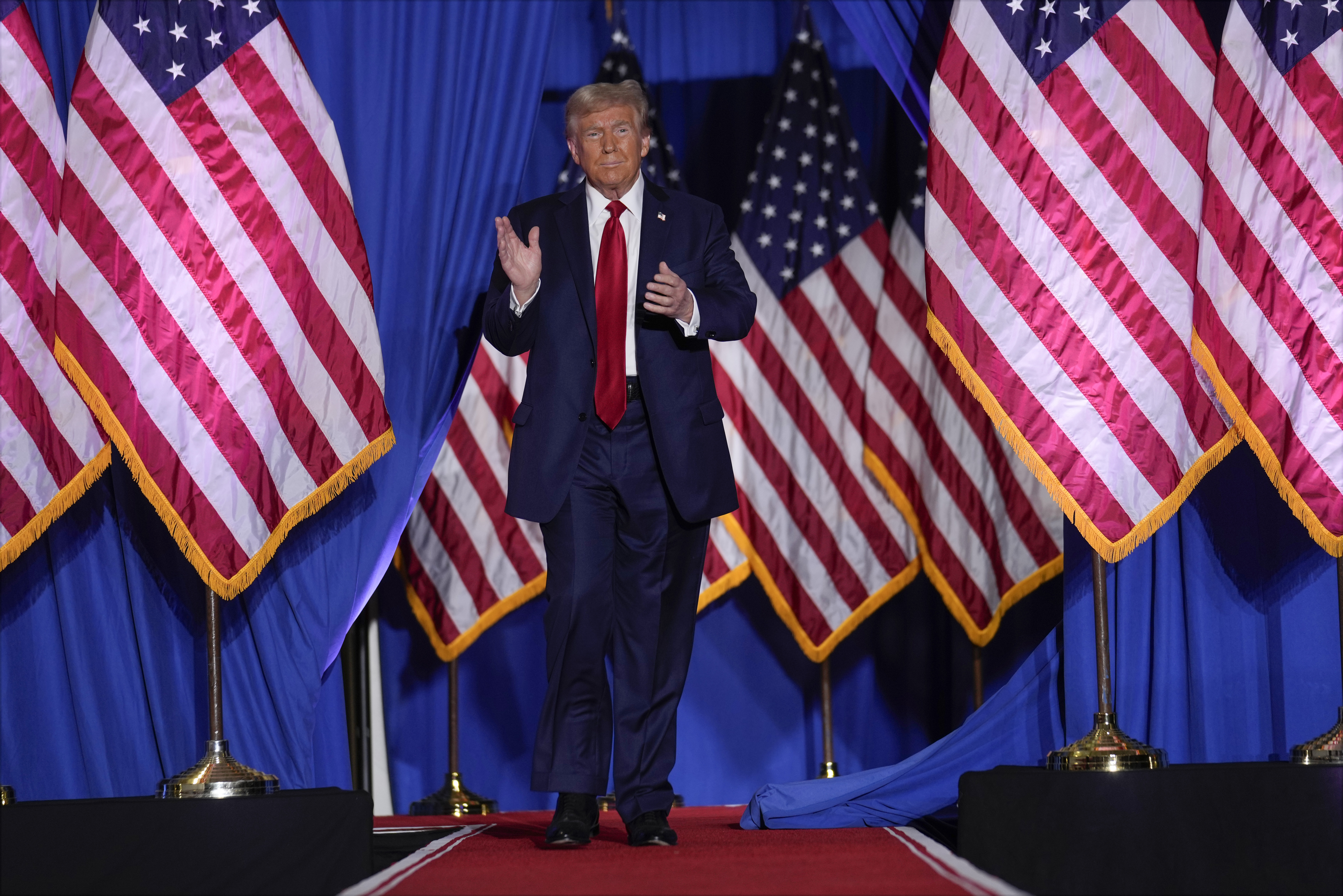 Republican presidential nominee former President Donald Trump arrives for a campaign event, Sunday, Sept. 29, 2024, in Erie, Pa. (AP Photo/Matt Rourke)