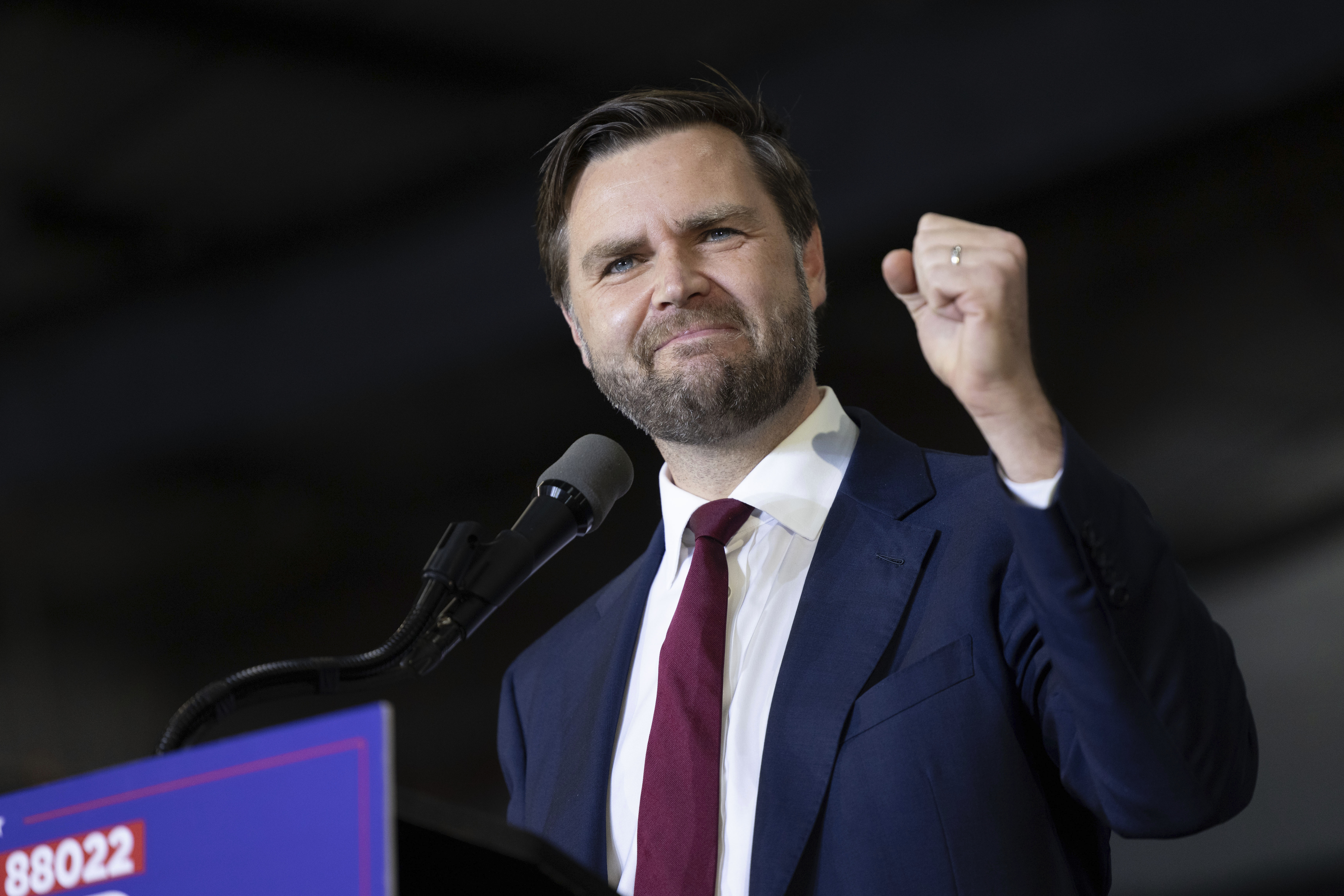 Republican vice presidential nominee Sen. JD Vance, R-Ohio, speaks during a campaign rally Saturday, Sept. 28, 2024, in Newtown, Pa. (AP Photo/Laurence Kesterson)