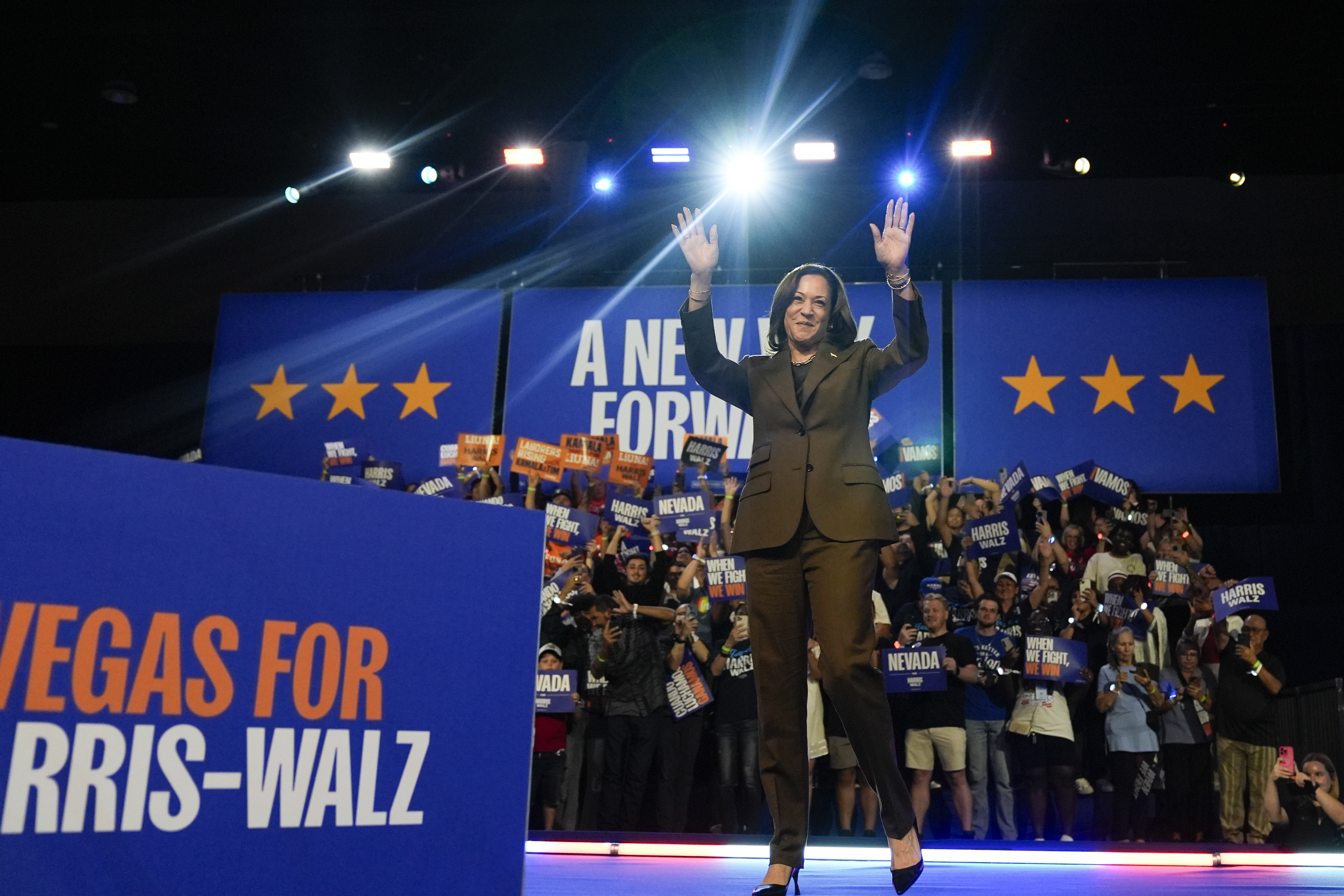 Democratic presidential nominee Vice President Kamala Harris waves to the crowd as she arrives to speak at a rally on Sunday, Sept. 29, 2024, in Las Vegas. (AP Photo/Carolyn Kaster)