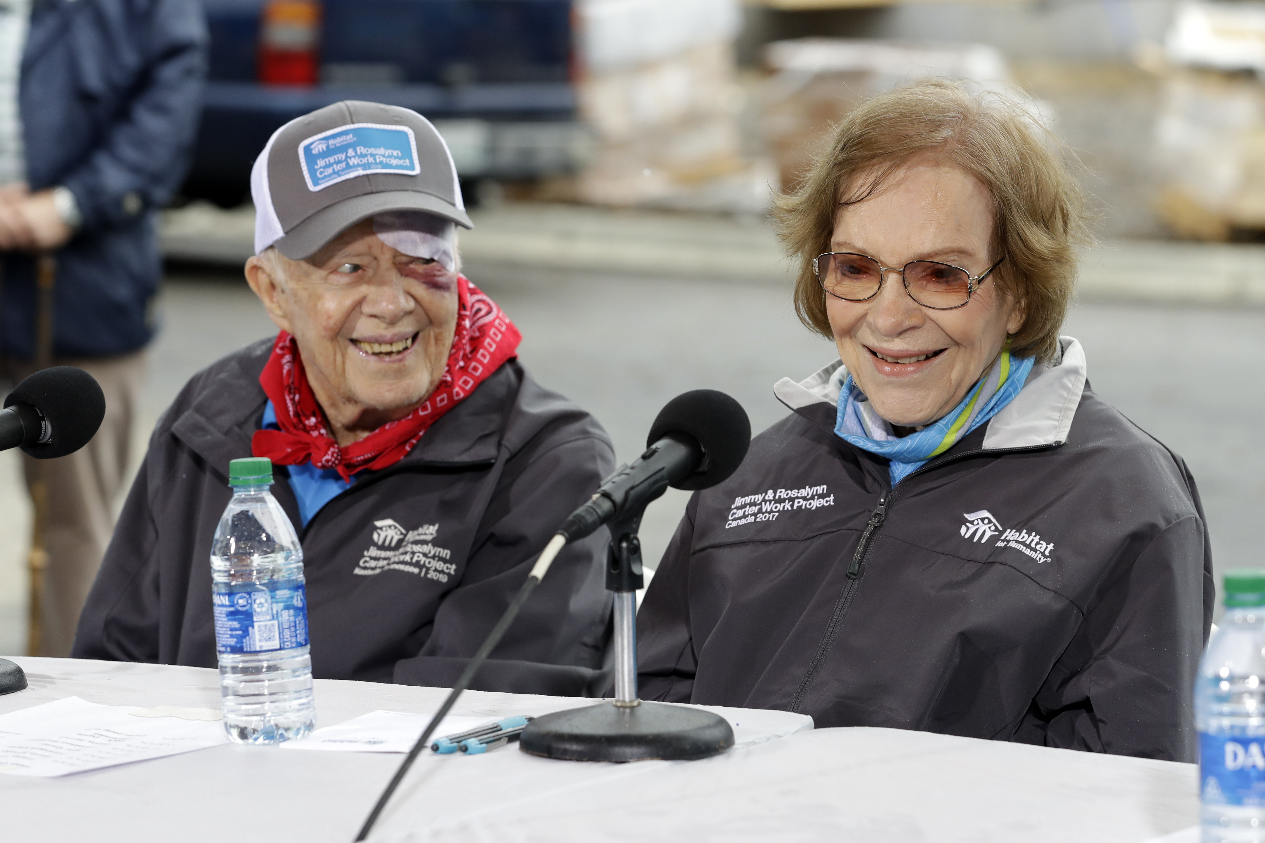 FILE - Former President Jimmy Carter and former First Lady Rosalynn Carter answer questions during a news conference at a Habitat for Humanity project Monday, Oct. 7, 2019, in Nashville, Tenn. (AP Photo/Mark Humphrey, File)