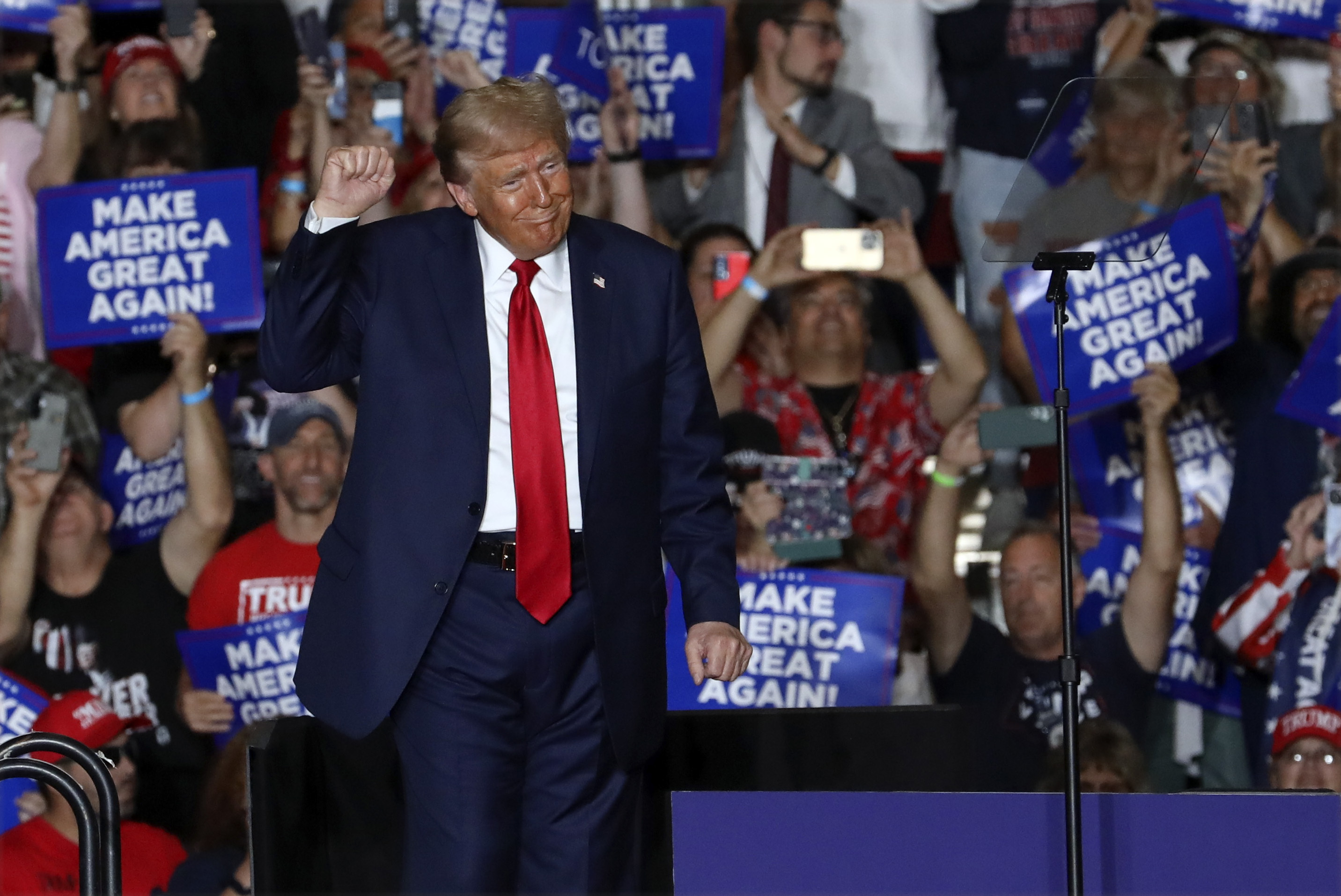 Republican presidential nominee former President Donald Trump gestures at a campaign rally at Bayfront Convention Center in Erie, Pa., Sunday, Sept. 29, 2024. (AP Photo/Rebecca Droke)