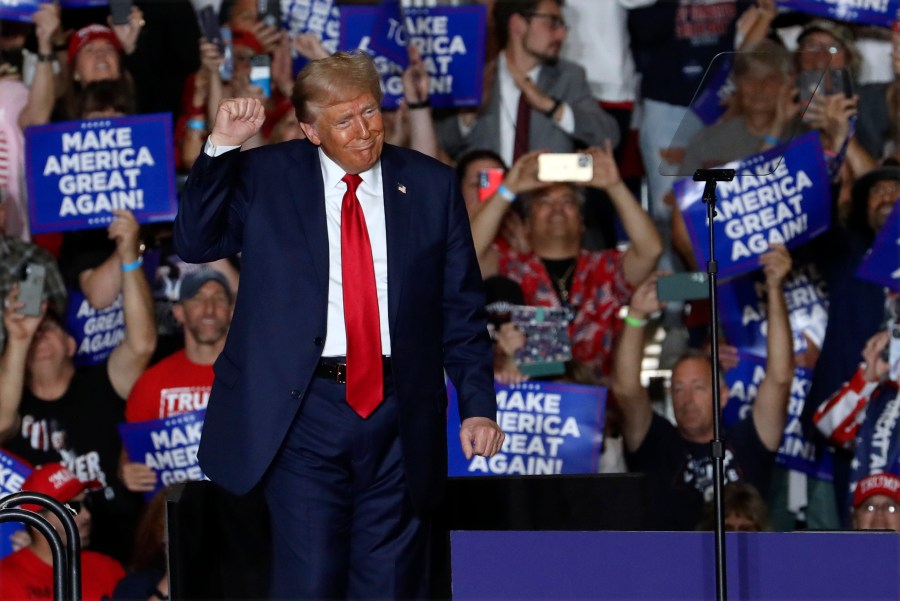 Republican presidential nominee former President Donald Trump gestures at a campaign rally at Bayfront Convention Center in Erie, Pa., Sunday, Sept. 29, 2024. (AP Photo/Rebecca Droke)