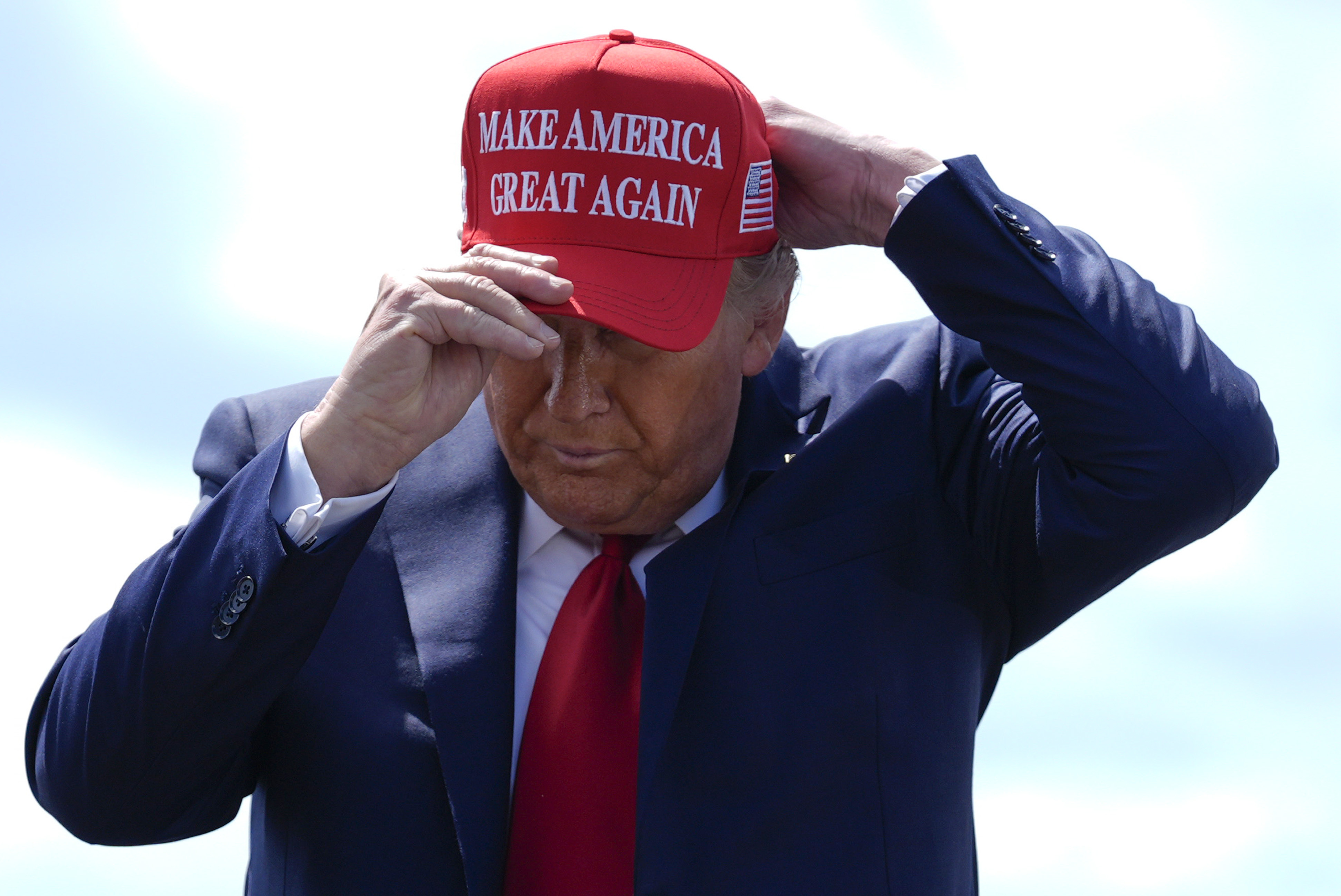 Republican presidential nominee former President Donald Trump arrives at Valdosta Regional Airport to visit areas impacted by Hurricane Helene, Monday, Sept. 30, 2024, in Valdosta, Ga. (AP Photo/Evan Vucci)