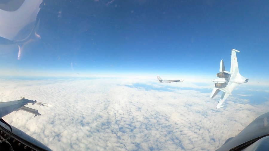 In this Sept. 23, 2024, image taken from video, a U.S. Air Force F-16 operating under the direction of North American Aerospace Defense Command, conducts a routine intercept of a Russian Tu-95 aircraft in the Alaskan Air Defense Identification Zone (ADIZ) when NORAD said a Russian Su-35 aircraft conducts an unsafe maneuver directed at the F-16. (Department of Defense via AP)