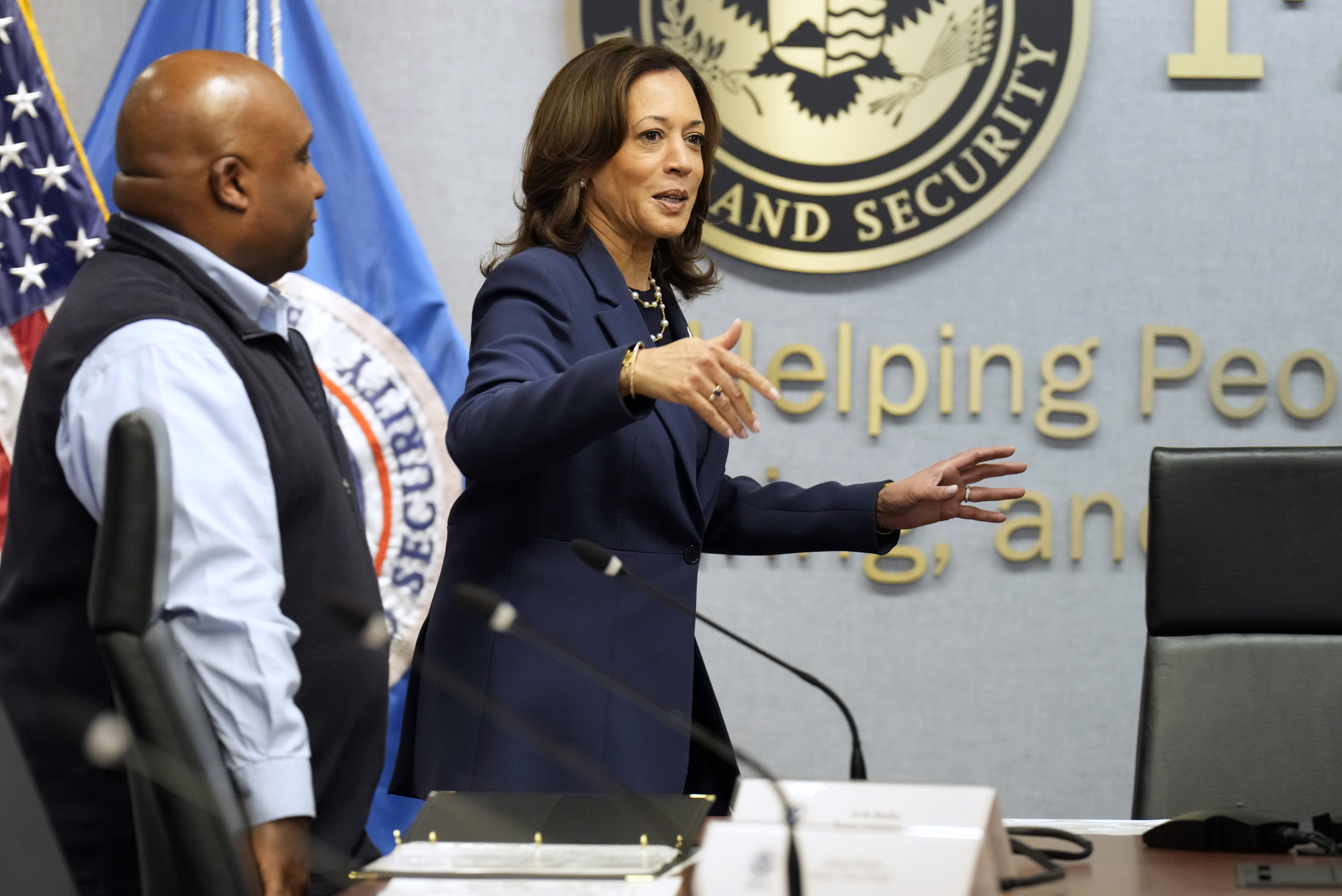 Democratic presidential nominee Vice President Kamala Harris attends a briefing at FEMA headquarters, Monday, Sept. 30, 2024, in Washington, on recovery and assistance efforts after Hurricane Helene. (AP Photo/Jacquelyn Martin)