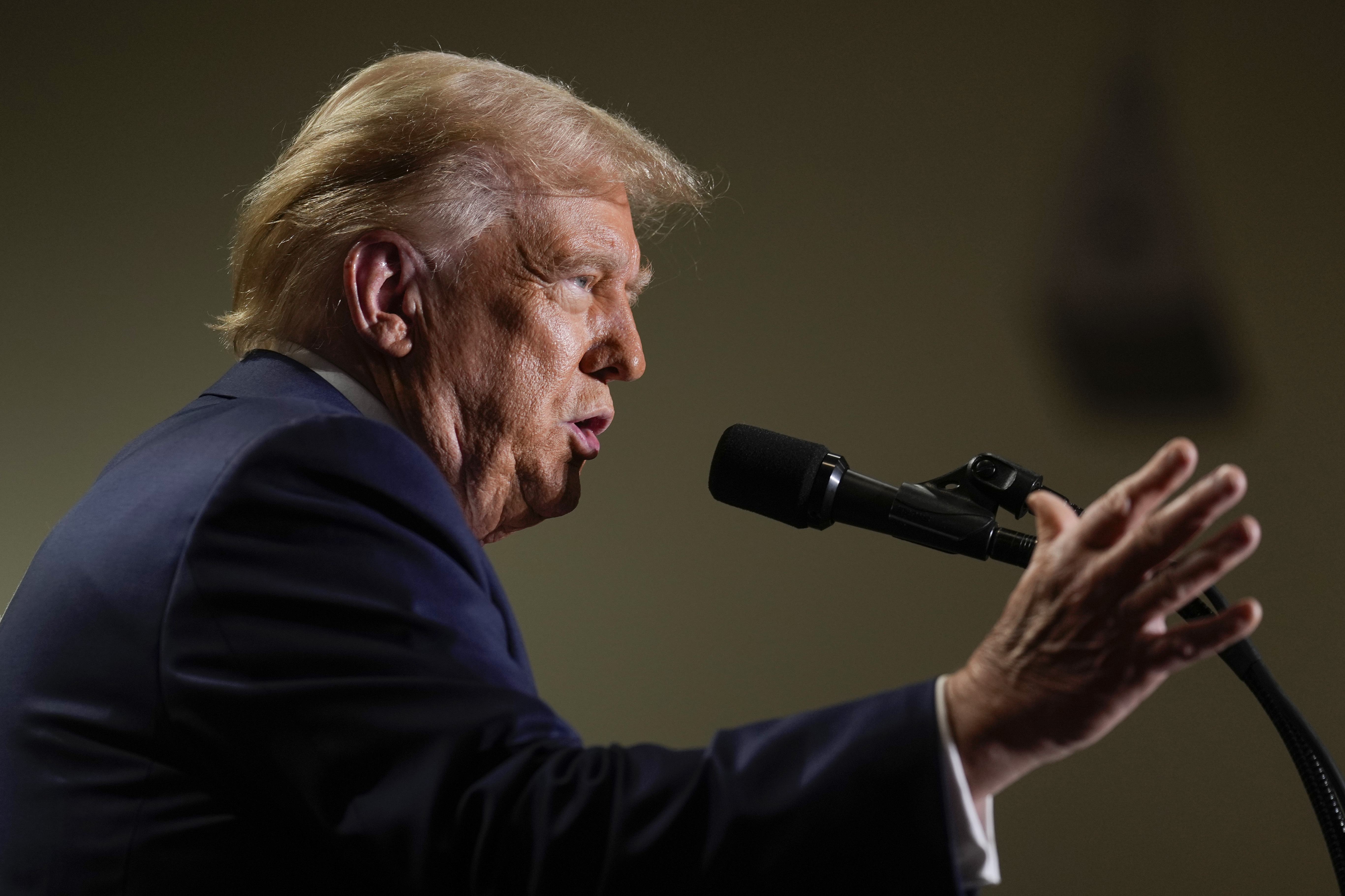 Republican presidential nominee former President Donald Trump speaks at a campaign event, Sunday, Sept. 29, 2024, in Erie, Pa. (AP Photo/Matt Rourke)