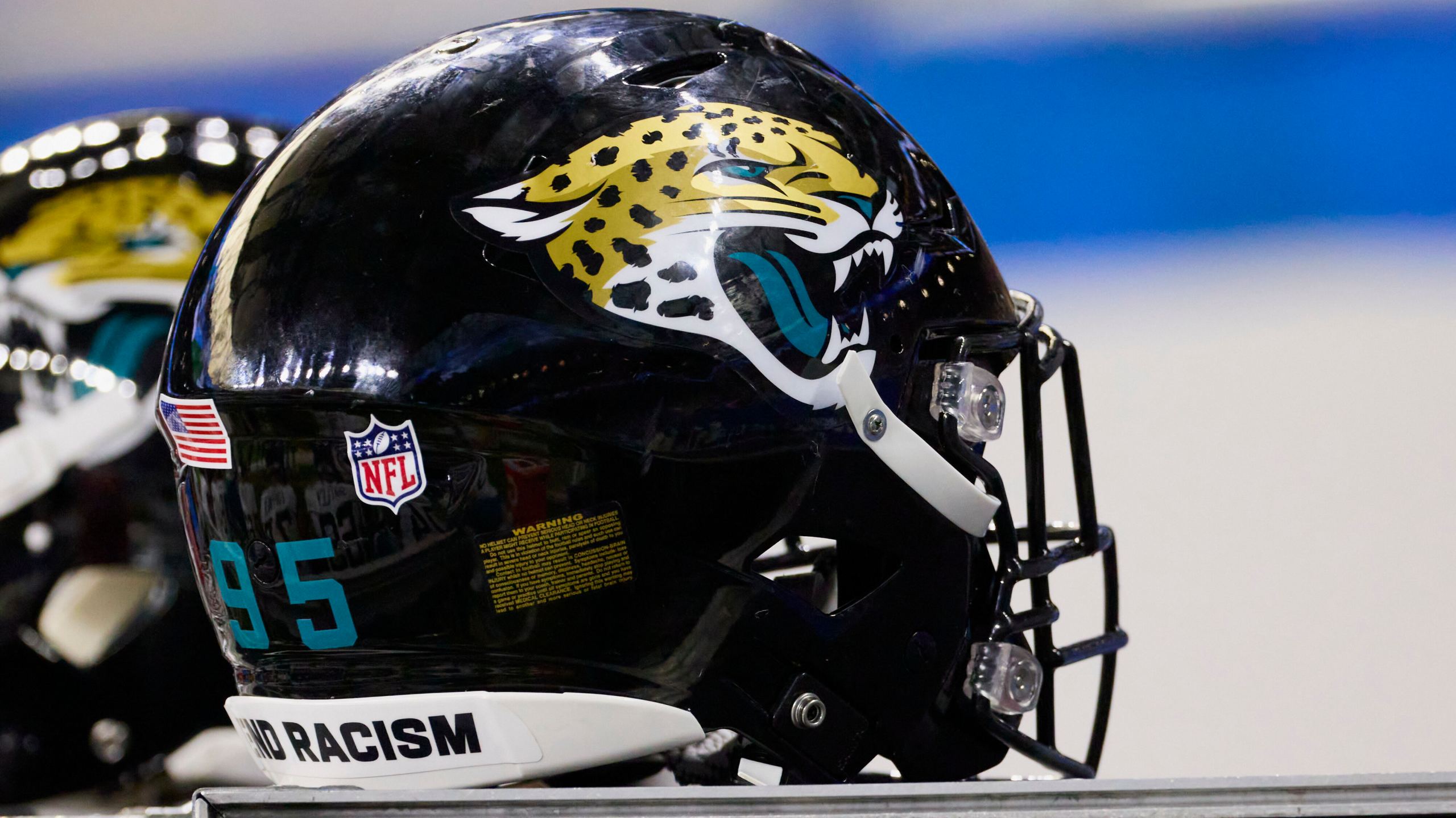 FILE - Jacksonville Jaguars helmet during an NFL football game Dec. 4, 2022, in Detroit. (AP Photo/Rick Osentoski)