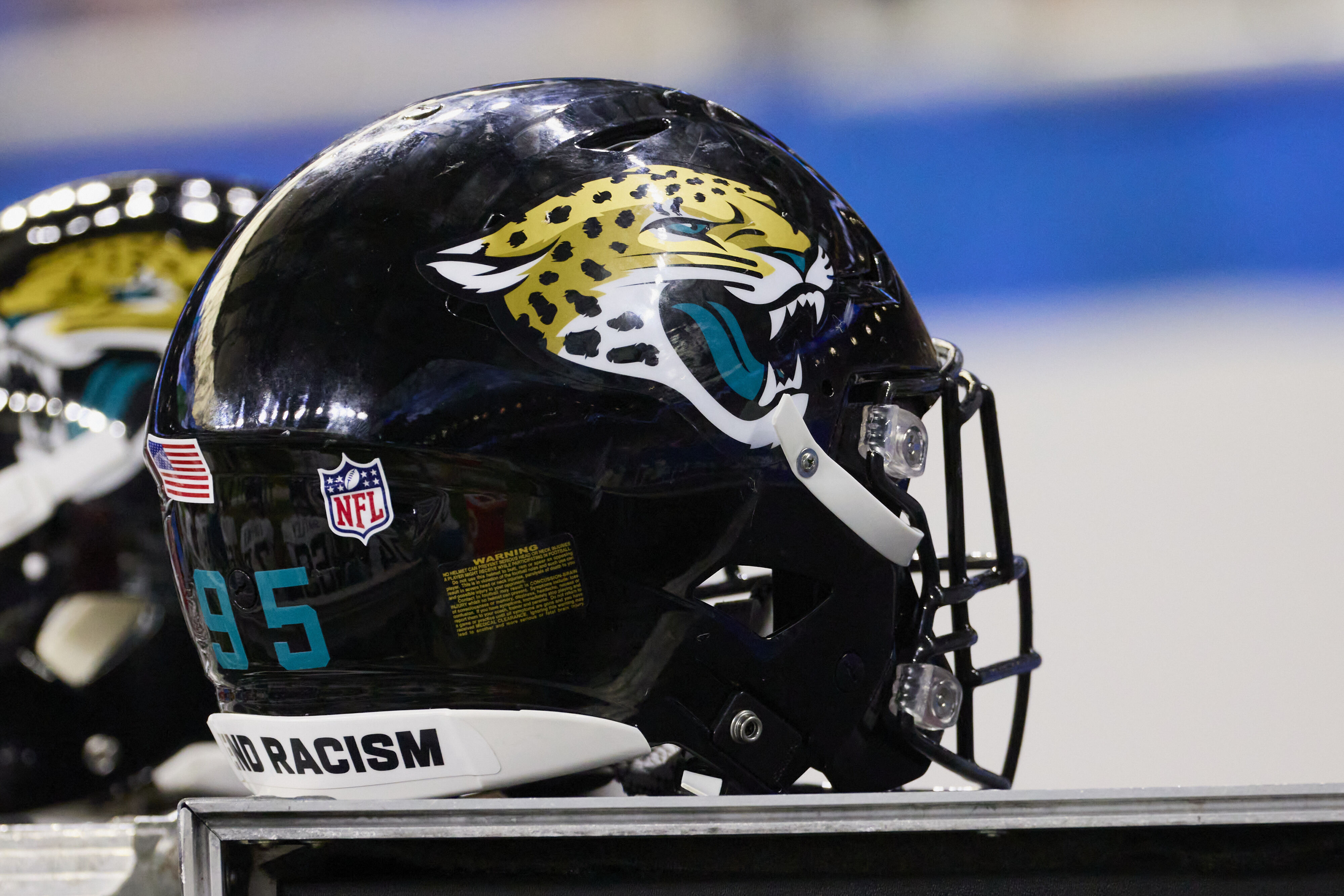 FILE - Jacksonville Jaguars helmet during an NFL football game Dec. 4, 2022, in Detroit. (AP Photo/Rick Osentoski)