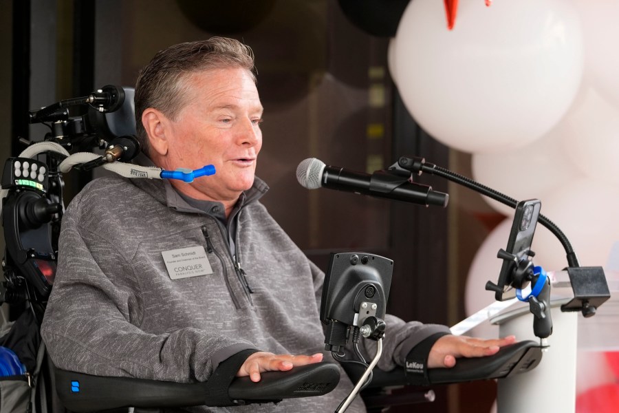 Sam Schmidt speaks during a ribbon-cutting ceremony for the not-for-profit Conquer Paralysis Now center in partnership with NeuroHope, Tuesday, Oct. 1, 2024, in Indianapolis. (AP Photo/Darron Cummings)