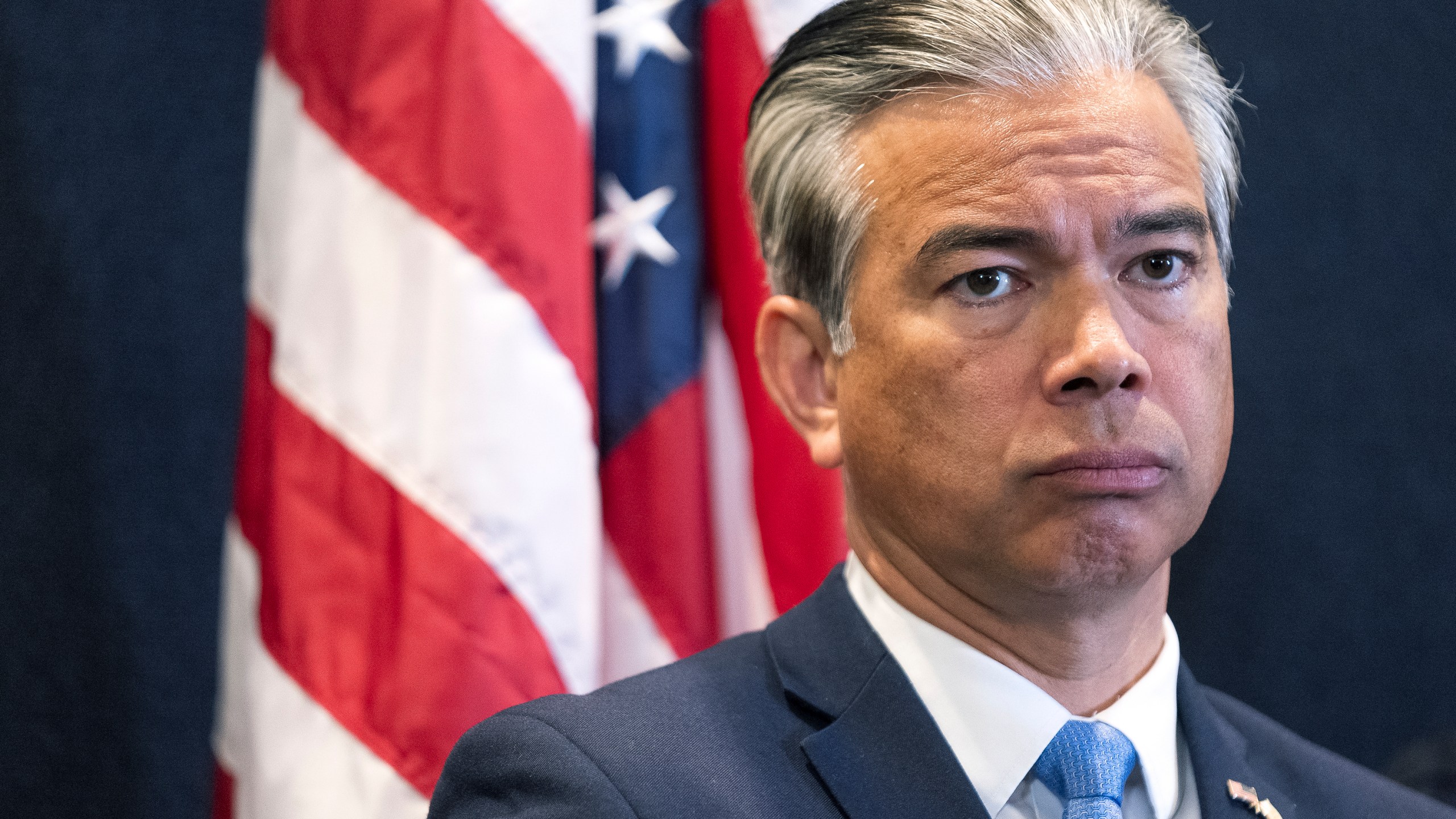 FILE - California Attorney General Rob Bonta takes questions from the media as he announces charges made against suspects involved in an organized retail crime ring during a news conference in Los Angeles Tuesday, March 19, 2024. (AP Photo/Damian Dovarganes, File)