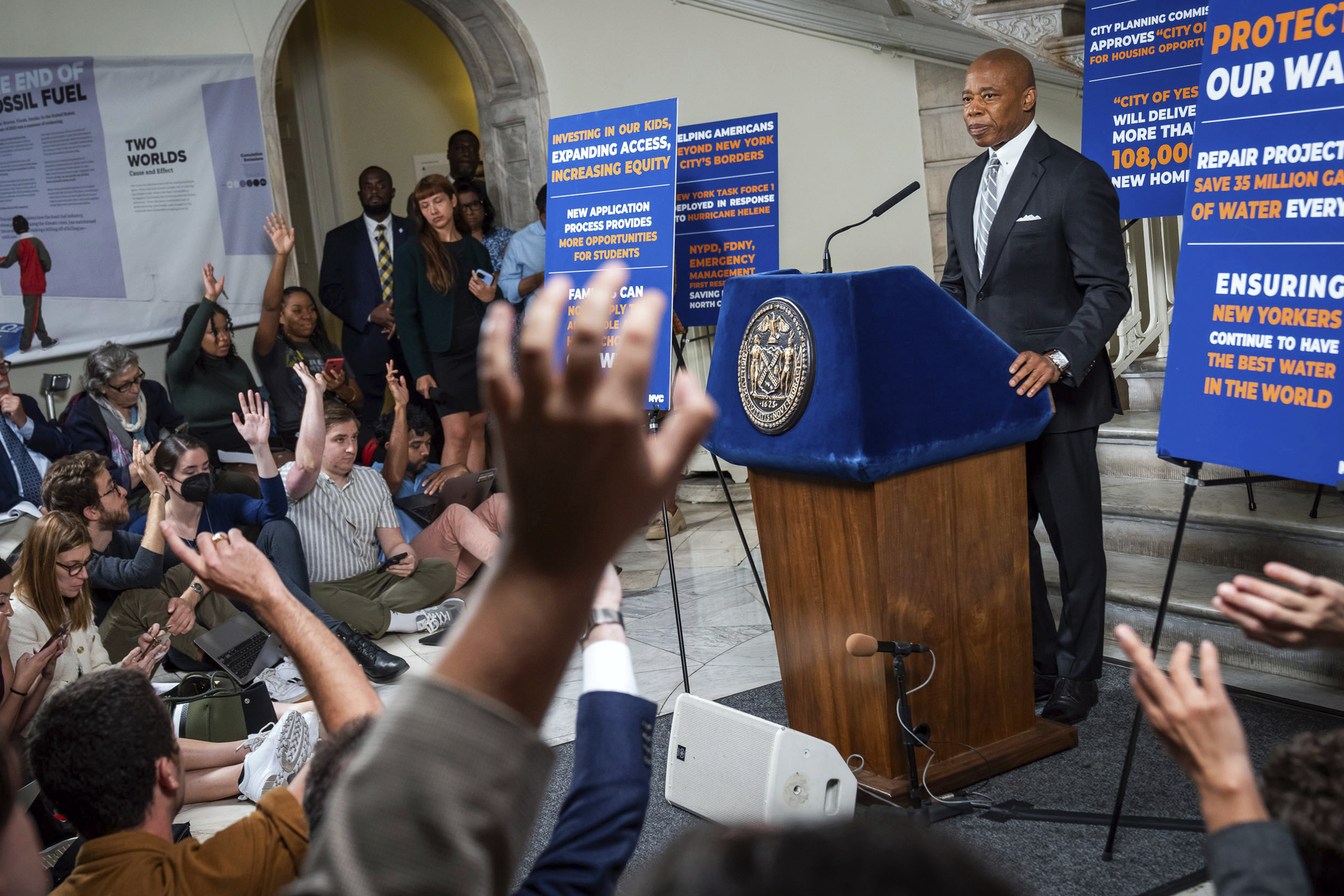 This photo provided by the New York Mayoral Photography Office shows New York City Mayor Eric Adams during his in-person media availability at City Hall, Tuesday, Oct. 1, 2024, in New York. (Ed Reed/New York Mayoral Photography Office via AP)