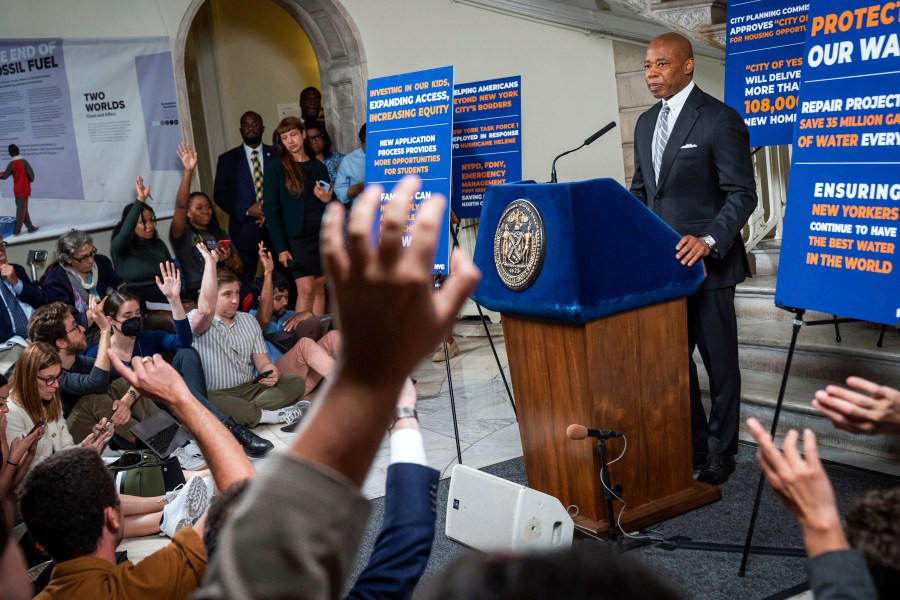 This photo provided by the New York Mayoral Photography Office shows New York City Mayor Eric Adams during his in-person media availability at City Hall, Tuesday, Oct. 1, 2024, in New York. (Ed Reed/New York Mayoral Photography Office via AP)