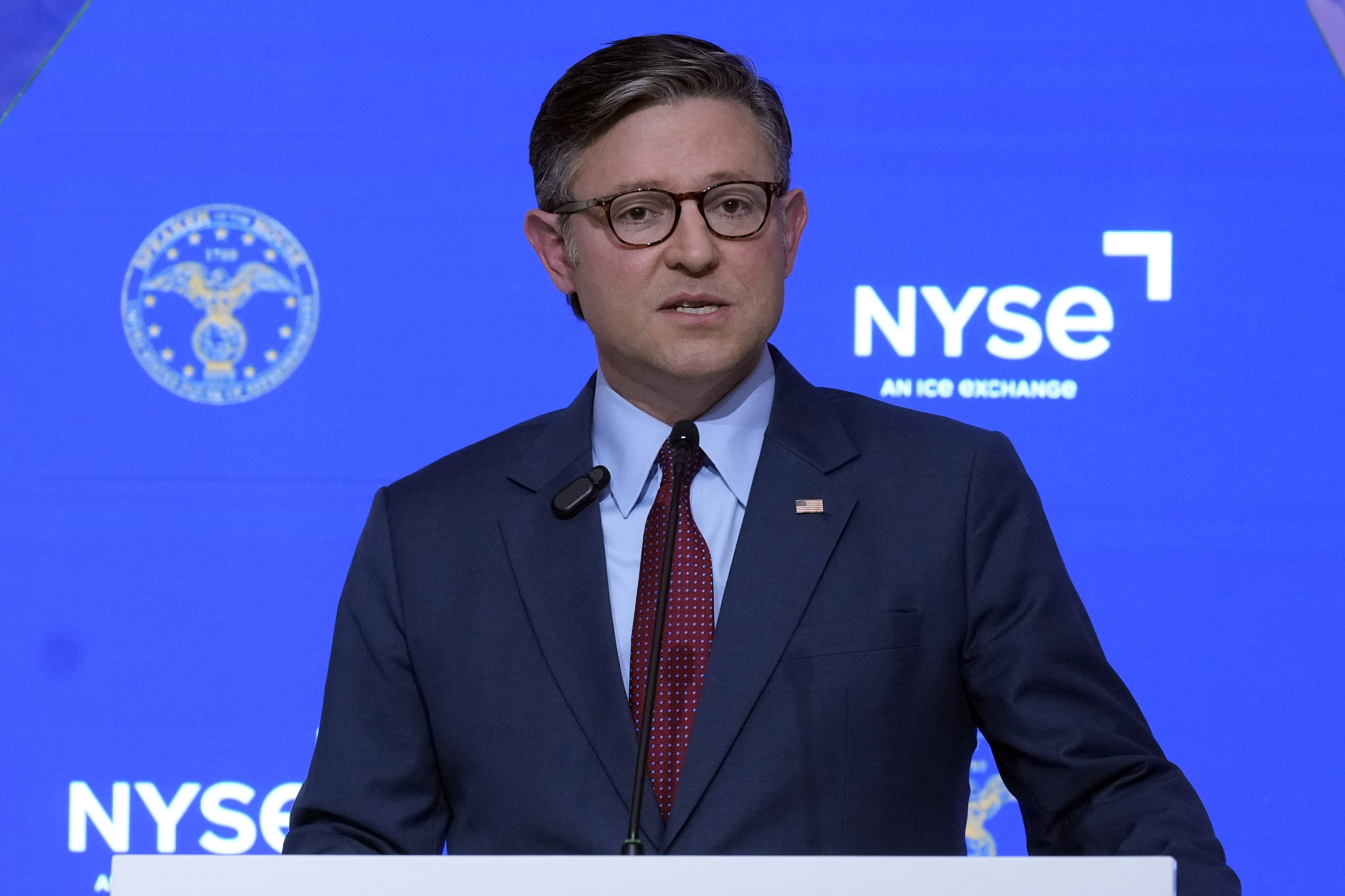 Speaker of the House Mike Johnson, R-La., delivers an economic address to financial and business leaders, at the New York Stock Exchange, Tuesday, Oct. 1, 2024. (AP Photo/Richard Drew)