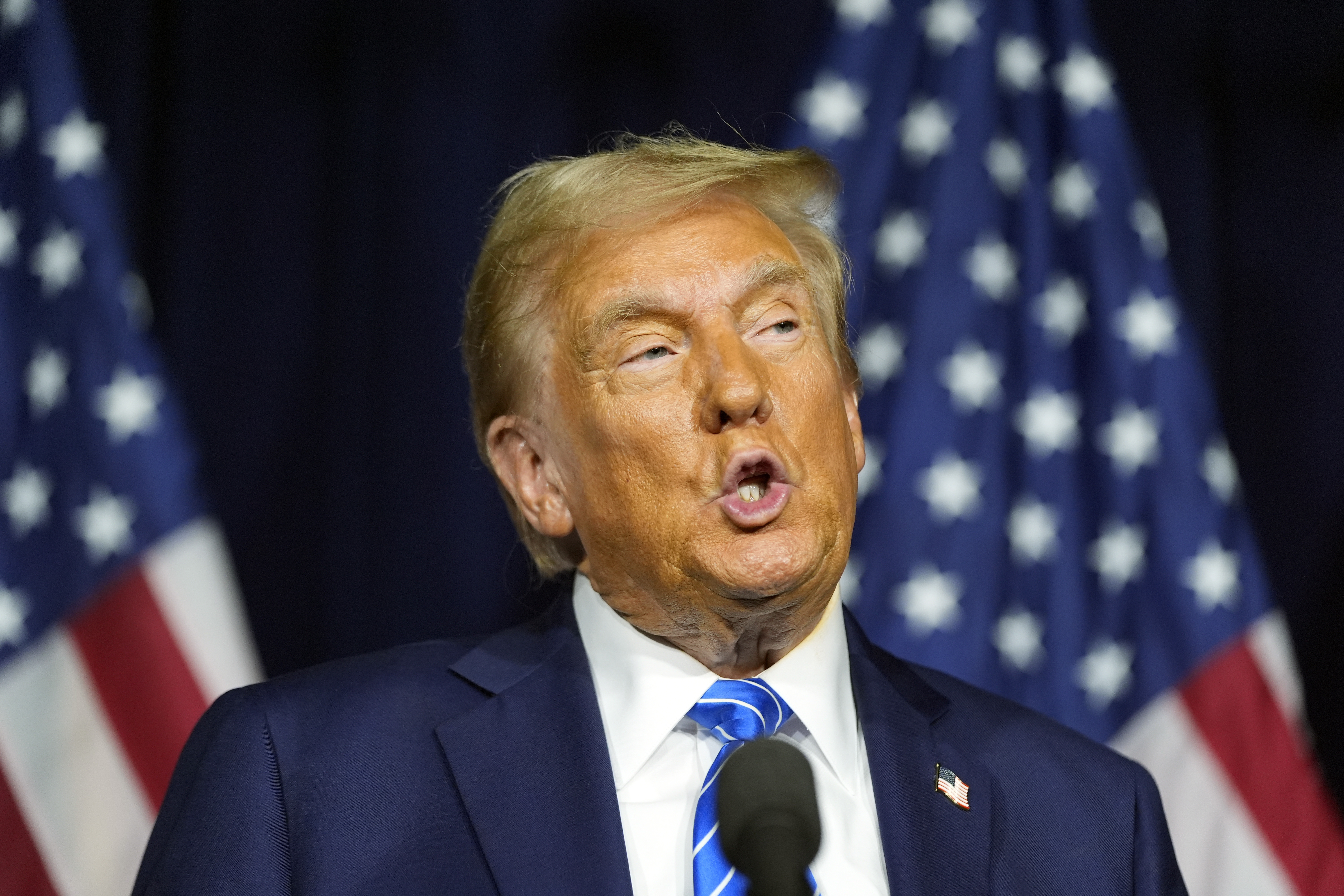 Republican presidential nominee former President Donald Trump speaks at campaign event at Discovery World, Friday, Oct. 1, 2024, in Milwaukee. (AP Photo/Alex Brandon)