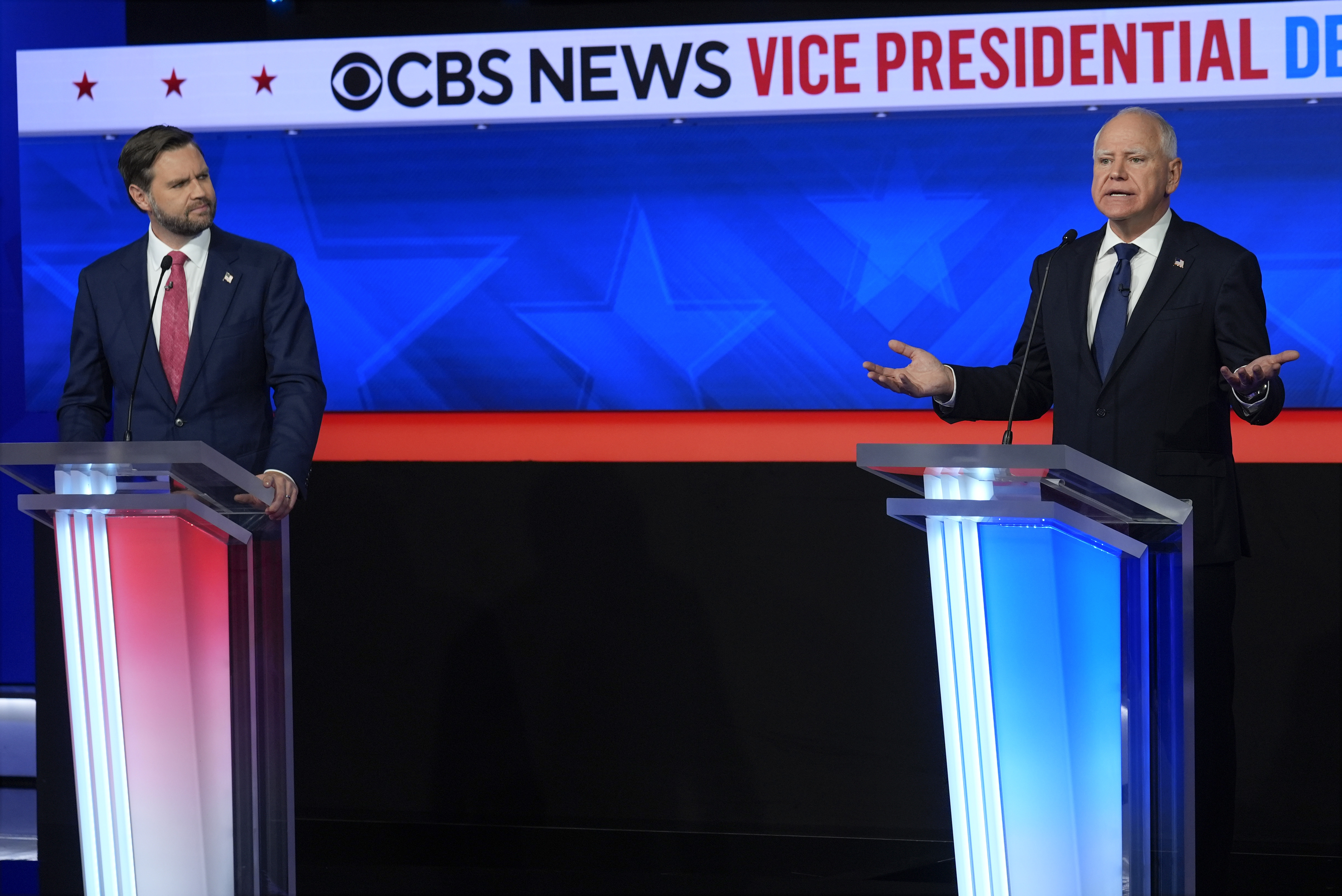 Democratic vice presidential nominee Minnesota Gov. Tim Walz speaks during a vice presidential debate hosted by CBS News, with Republican vice presidential nominee Sen. JD Vance, R-Ohio, Tuesday, Oct. 1, 2024, in New York. (AP Photo/Matt Rourke)