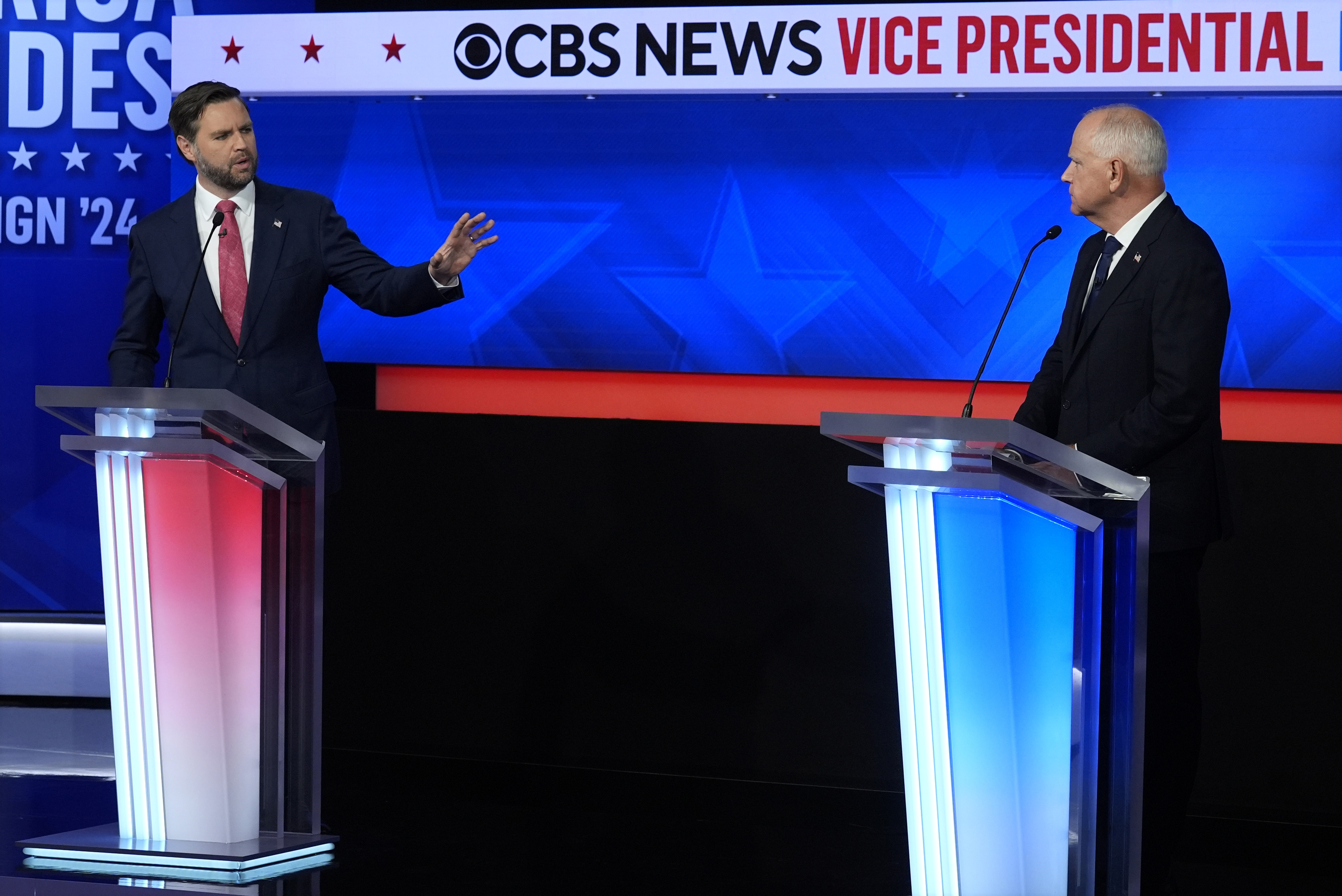 Republican vice presidential nominee Sen. JD Vance, R-Ohio, speaks during a vice presidential debate hosted by CBS News, with Democratic vice presidential candidate Minnesota Gov. Tim Walz, Tuesday, Oct. 1, 2024, in New York. (AP Photo/Matt Rourke)