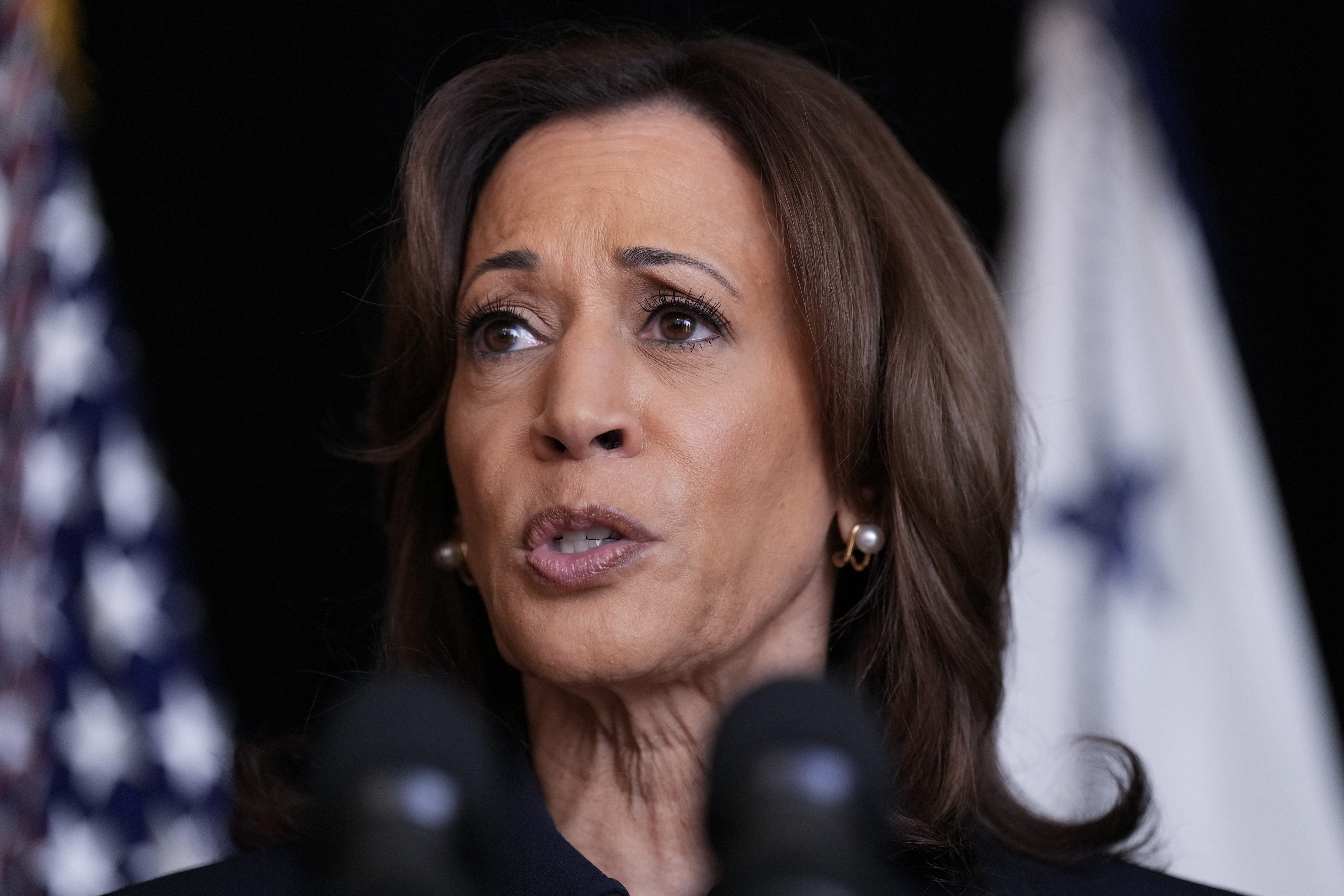 Democratic presidential nominee Vice President Kamala Harris speaks to members of the media, Tuesday Oct. 1, 2024, in Washington. (AP Photo/Jacquelyn Martin)