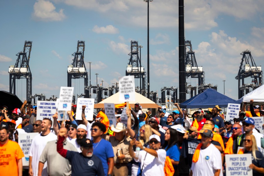 FILE - Cranes usually running day and night are shut down during a strike by ILA members at the Bayport Container Terminal on Oct. 1, 2024, in Houston. (AP Photo/Annie Mulligan, File)