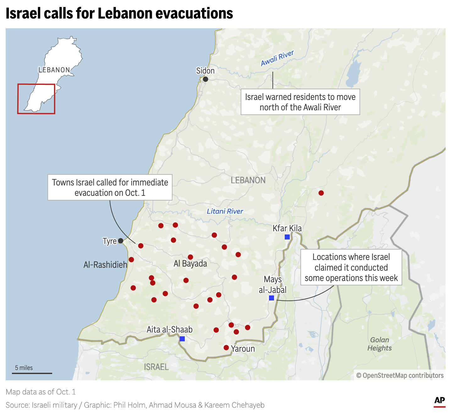 The map above towns in Lebanon ordered to evacuate on Oct. 1 and also where Israel claims to have conducted operations this week. (AP Digital Embed)