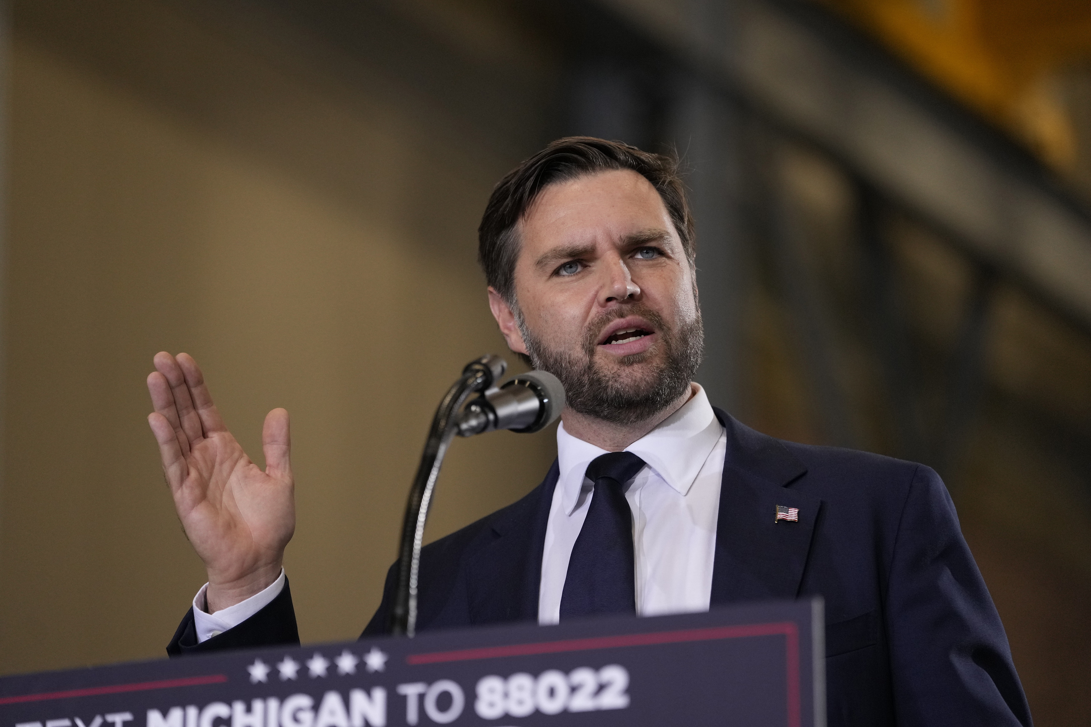 Republican vice presidential nominee Sen. JD Vance, R-Ohio, speaks at a campaign event, Wednesday, Oct. 2, 2024, in Auburn Hills, Mich. (AP Photo/Carlos Osorio)