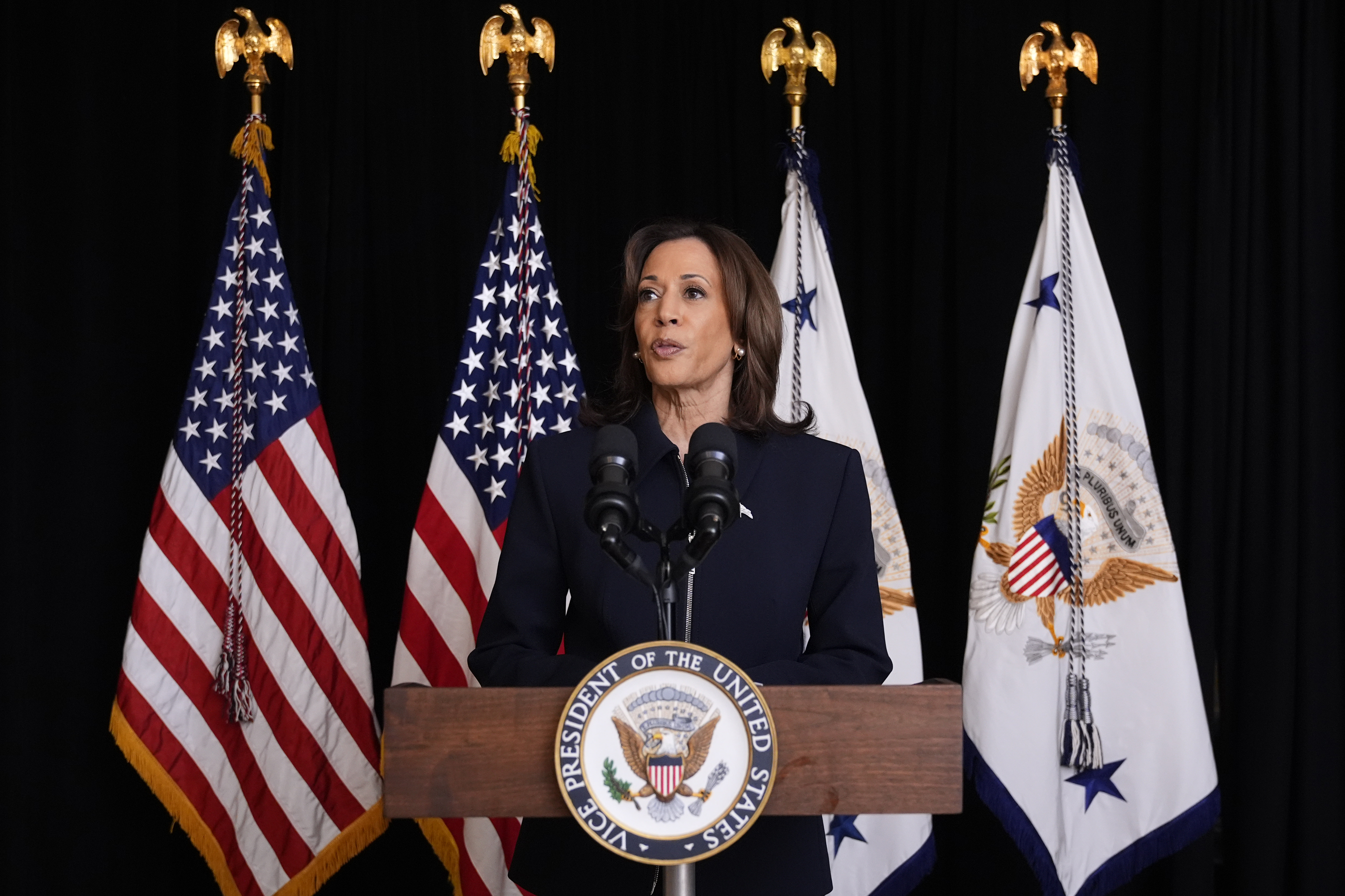 Democratic presidential nominee Vice President Kamala Harris speaks to members of the media, Tuesday Oct. 1, 2024, in Washington. (AP Photo/Jacquelyn Martin)