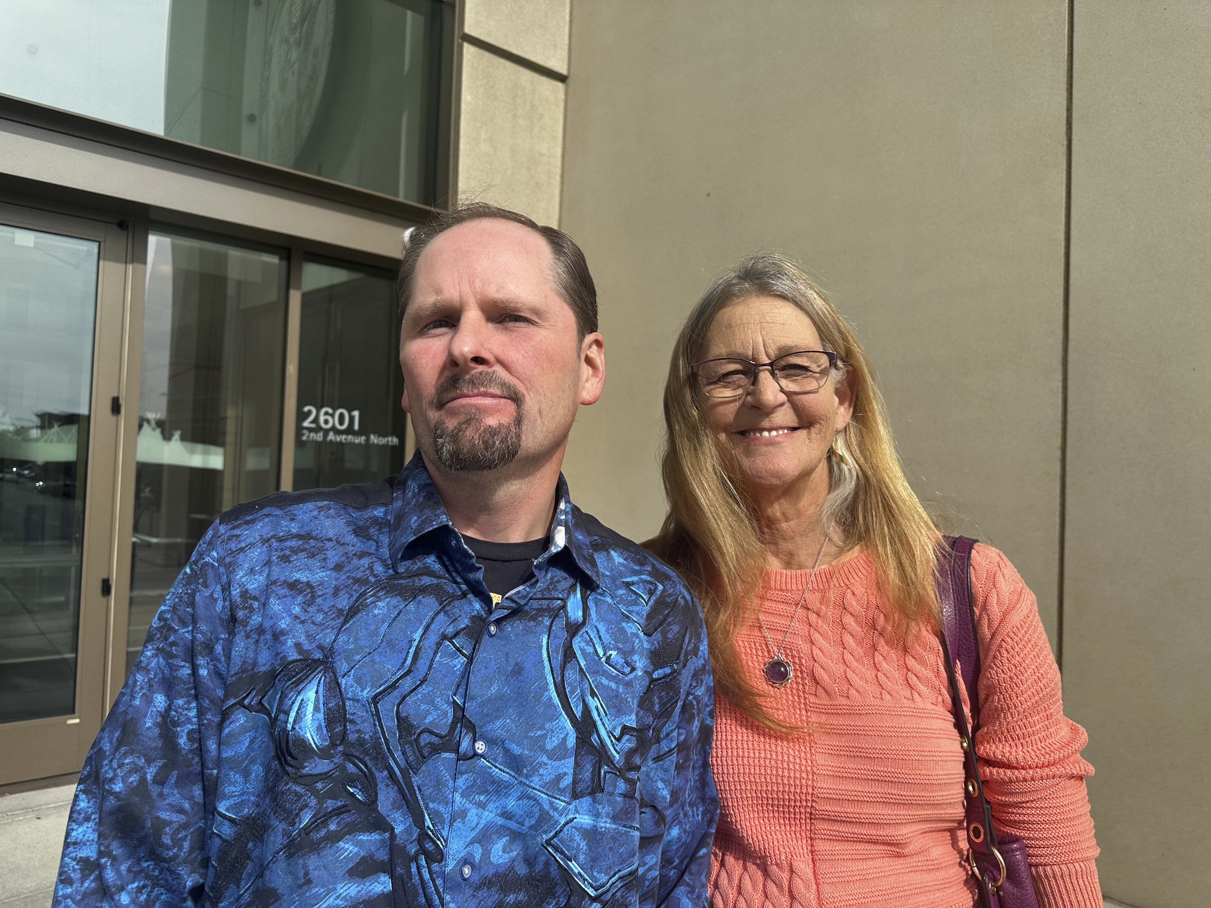 Richard Rogers and his wife Laurie are seen outside the James F. Battin Federal Courthouse, Tuesday, Oct. 1, 2024, in Billings, Mont. (AP Photo/Matthew Brown)