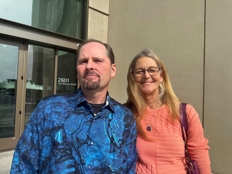 Richard Rogers and his wife Laurie are seen outside the James F. Battin Federal Courthouse, Tuesday, Oct. 1, 2024, in Billings, Mont. (AP Photo/Matthew Brown)