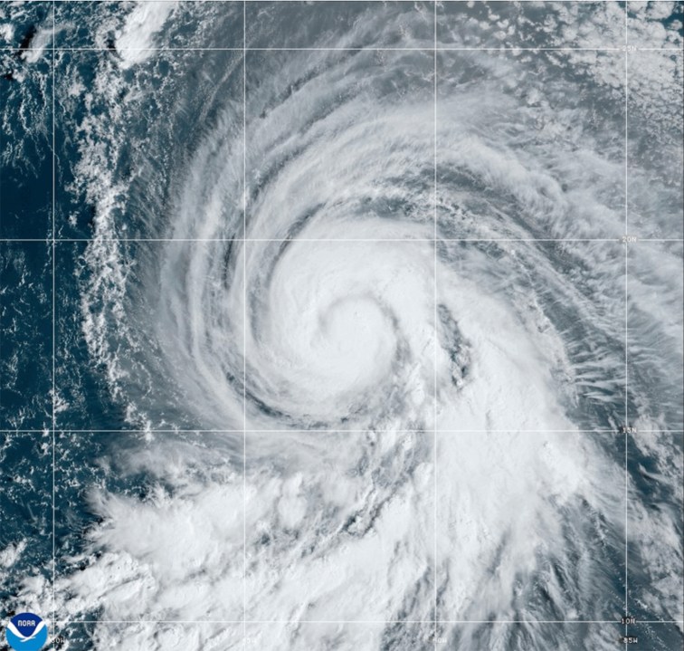 This Satellite image provided by NOAA shows Hurricane Kirk, Wednesday, Oct. 2, 2024 in the Atlantic Ocean. (NOAA via AP)