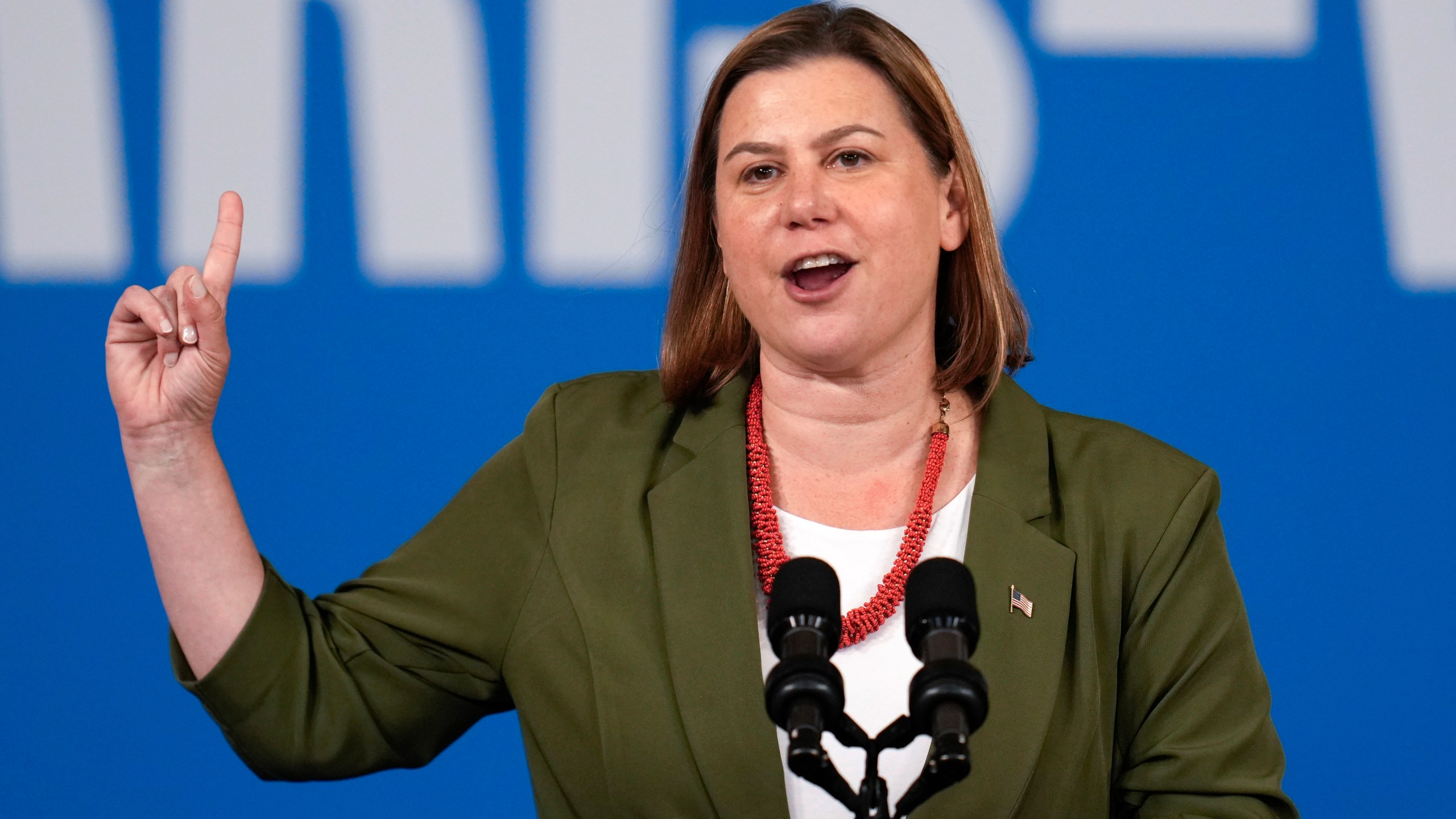 FILE - Rep. Elissa Slotkin, D-Mich., speaks before Democratic presidential nominee Vice President Kamala Harris during a campaign event at Northwestern High School in Detroit, Sept. 2, 2024. (AP Photo/Paul Sancya, File)