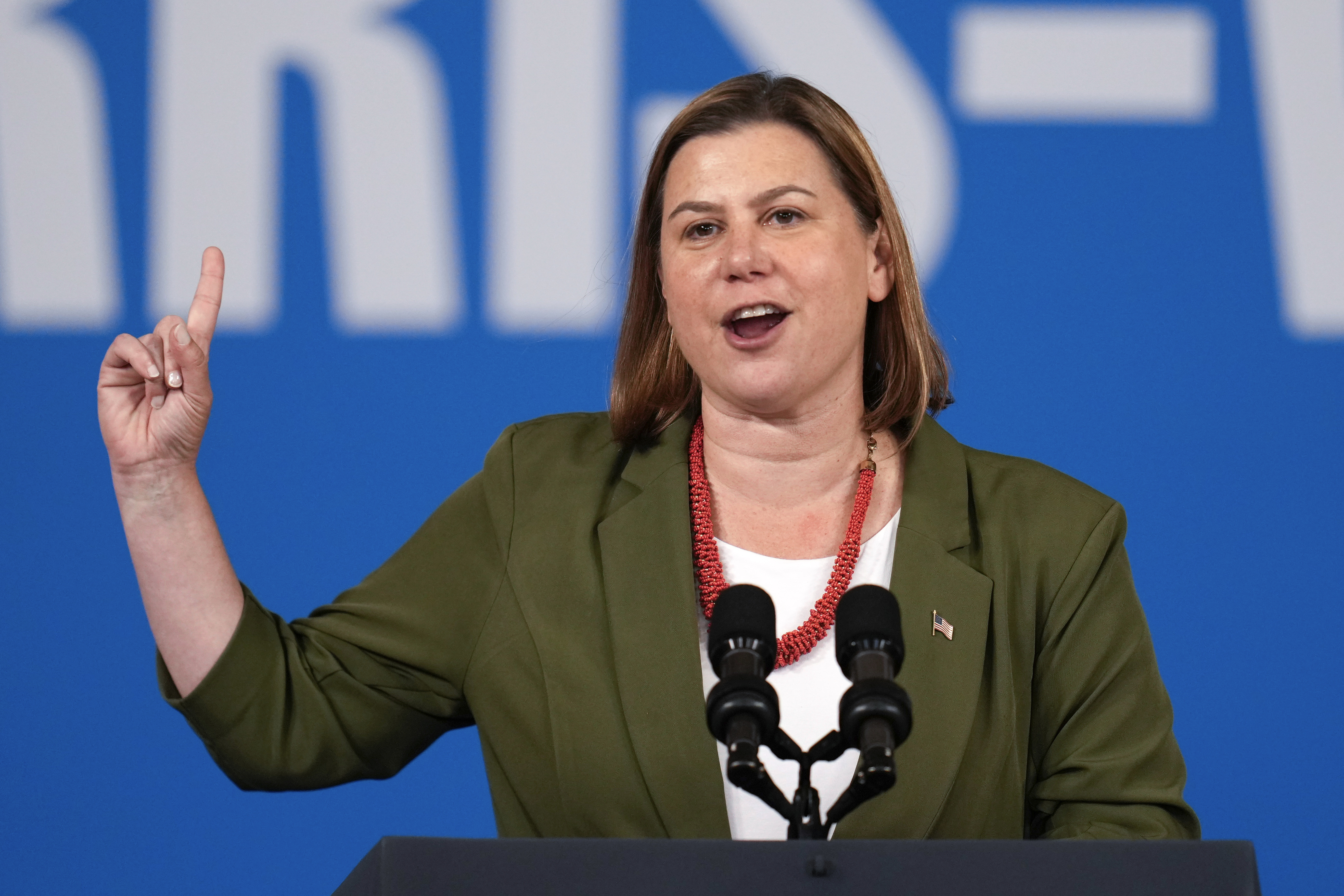 FILE - Rep. Elissa Slotkin, D-Mich., speaks before Democratic presidential nominee Vice President Kamala Harris during a campaign event at Northwestern High School in Detroit, Sept. 2, 2024. (AP Photo/Paul Sancya, File)