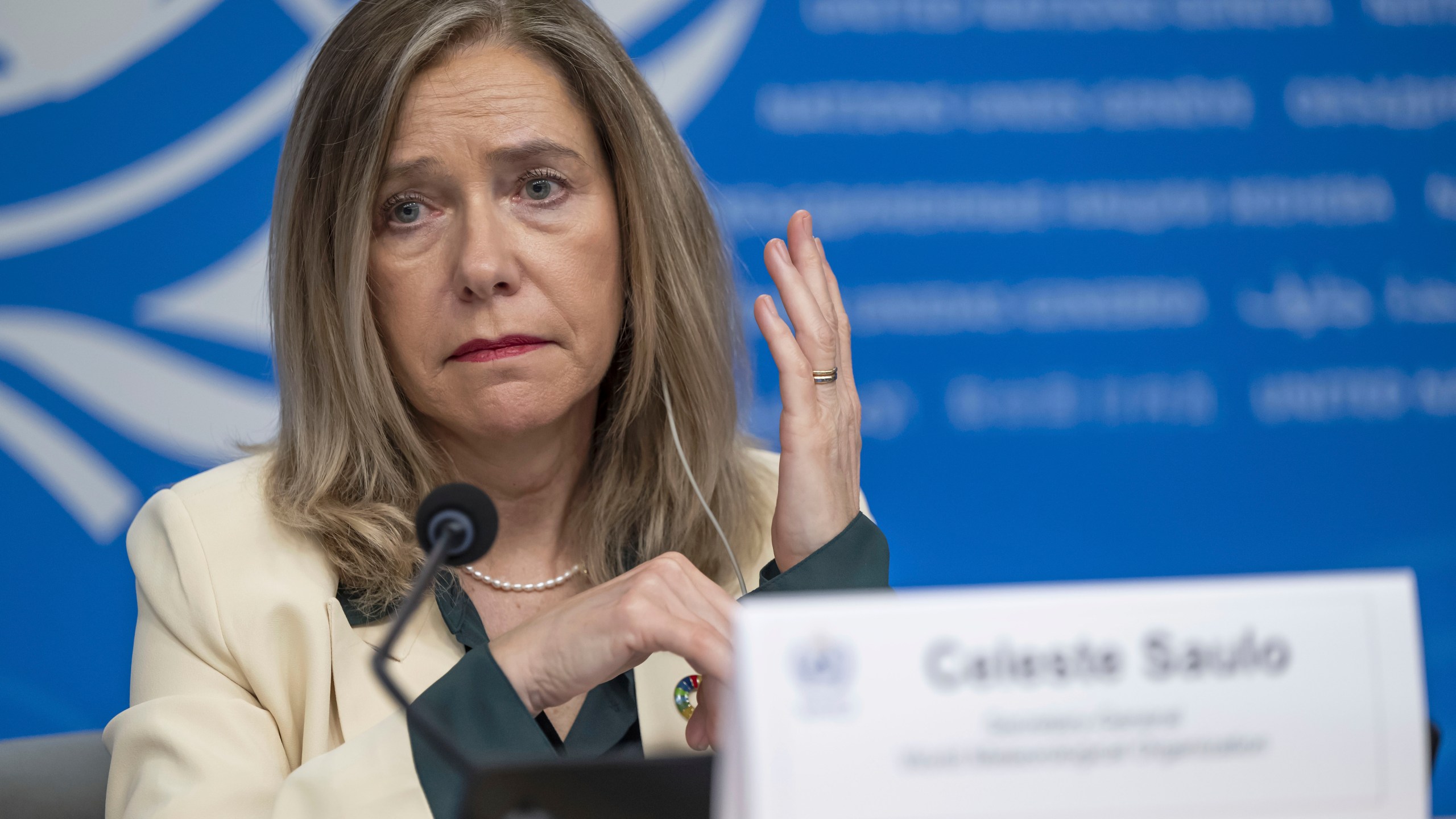 FILE - Celeste Saulo, World Meteorological Organization (WMO) Secretary-General, speaks about the state of Global Climate 2023, during a press conference at the European headquarters of the United Nations in Geneva, Switzerland, Tuesday, March 19, 2024. (Martial Trezzini/Keystone via AP, File)