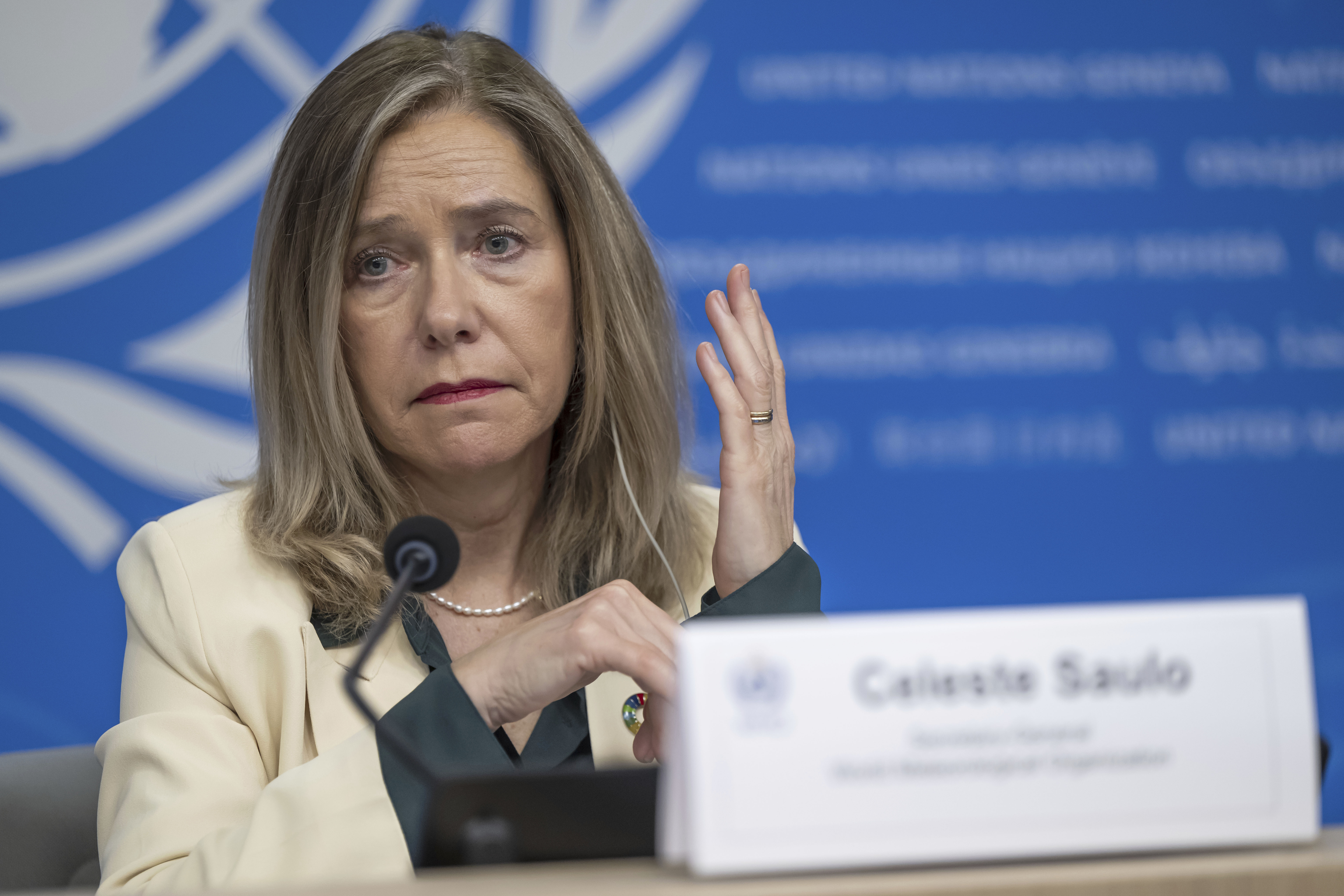 FILE - Celeste Saulo, World Meteorological Organization (WMO) Secretary-General, speaks about the state of Global Climate 2023, during a press conference at the European headquarters of the United Nations in Geneva, Switzerland, Tuesday, March 19, 2024. (Martial Trezzini/Keystone via AP, File)