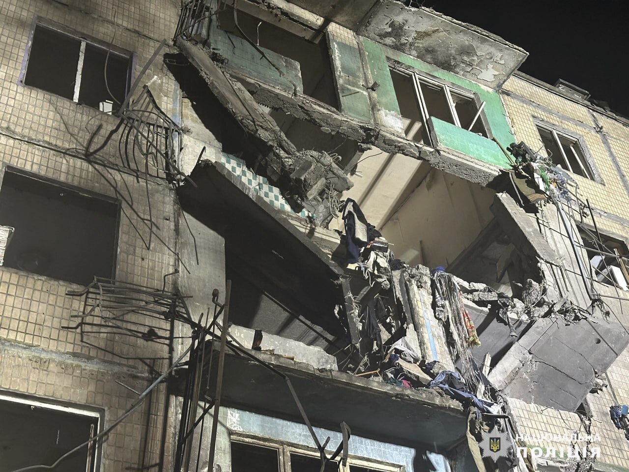 A view of the damage after a Russian strike on a residential building in Kharkiv, Ukraine, late Wednesday Oct. 2, 2024. (Ukrainian National Police via AP)