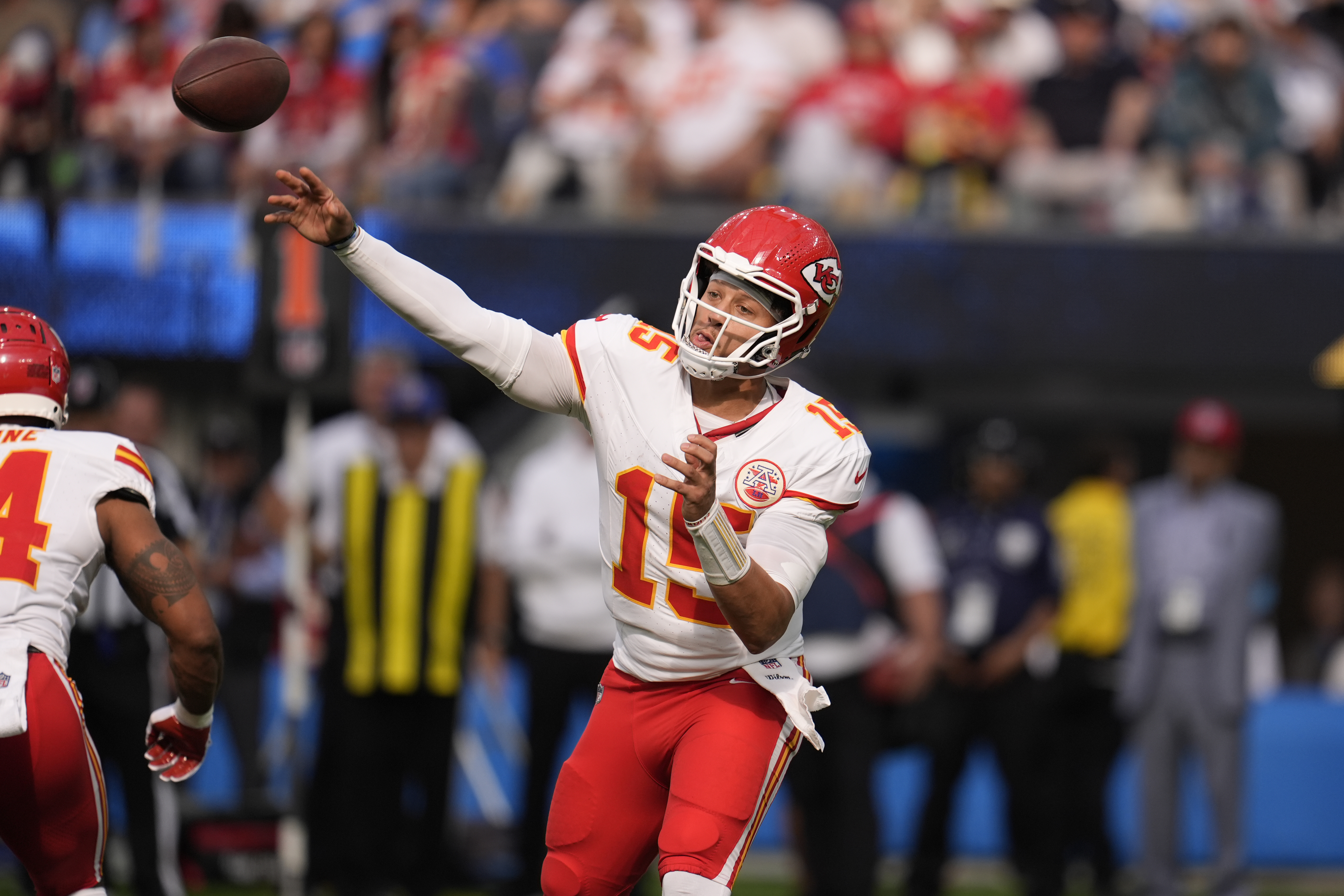 Kansas City Chiefs quarterback Patrick Mahomes throws during the second half of an NFL football game against the Los Angeles Chargers Sunday, Sept. 29, 2024, in Inglewood, Calif. (AP Photo/Marcio Jose Sanchez)