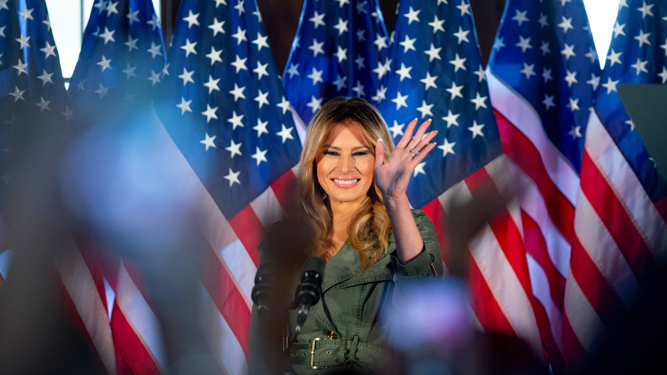 FILE - First lady Melania Trump speaks during a campaign rally in Atglen, Pa., Oct. 27, 2020. (AP Photo/Laurence Kesterson, File)