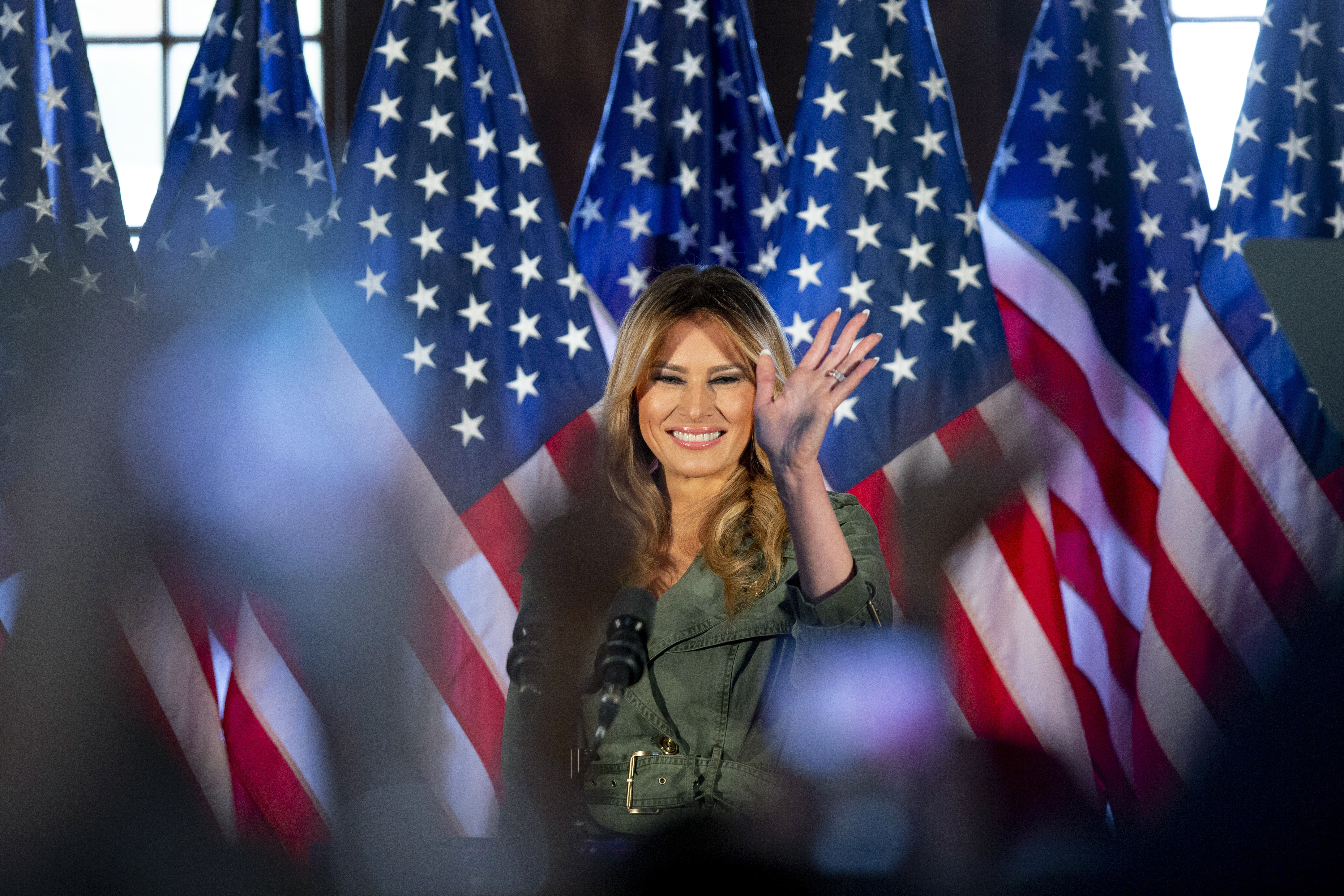 FILE - First lady Melania Trump speaks during a campaign rally in Atglen, Pa., Oct. 27, 2020. (AP Photo/Laurence Kesterson, File)