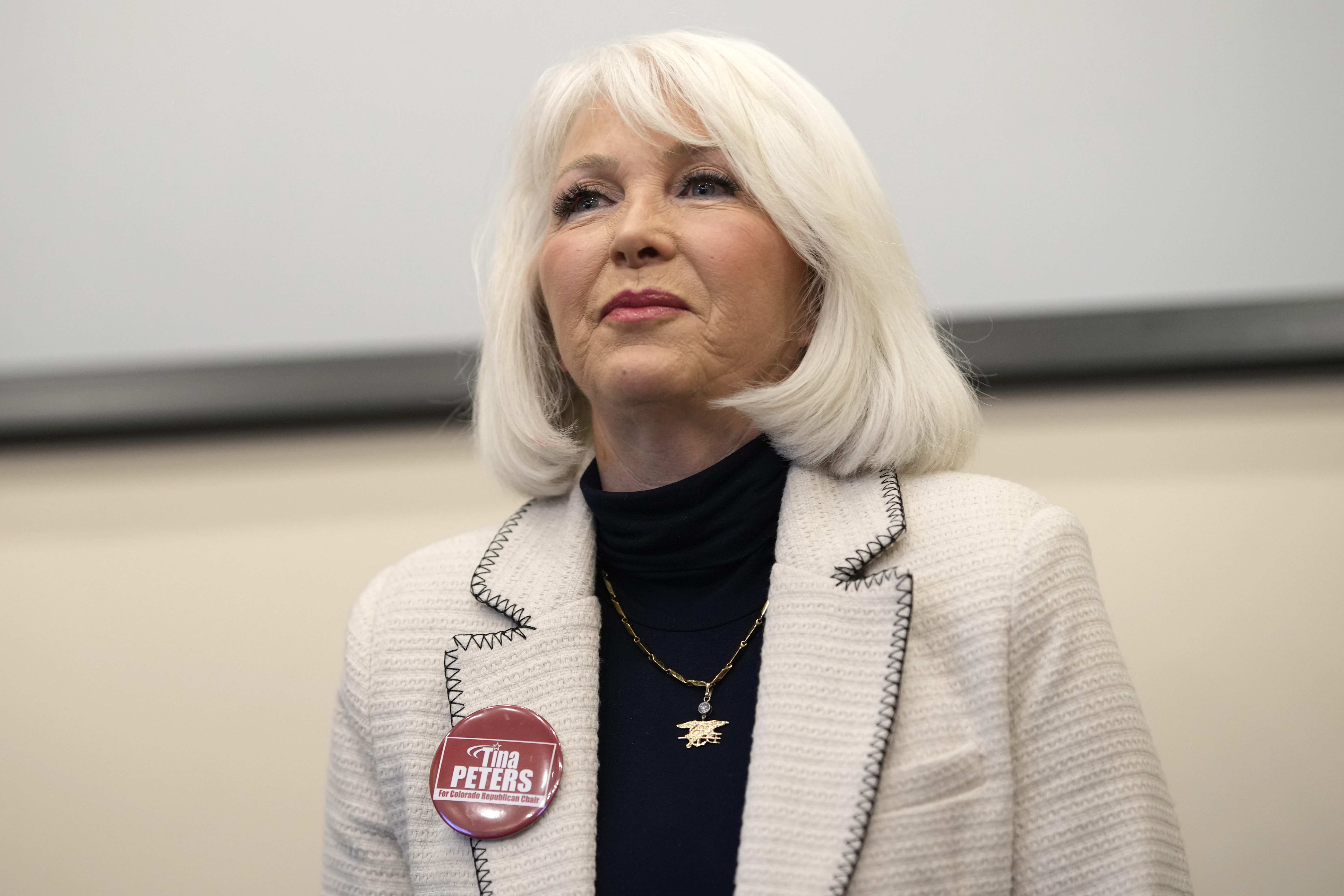 FILE - Candidate Tina Peters speaks during a debate for the state leadership position Saturday, Feb. 25, 2023, in Hudson, Colo. (AP Photo/David Zalubowski, File)