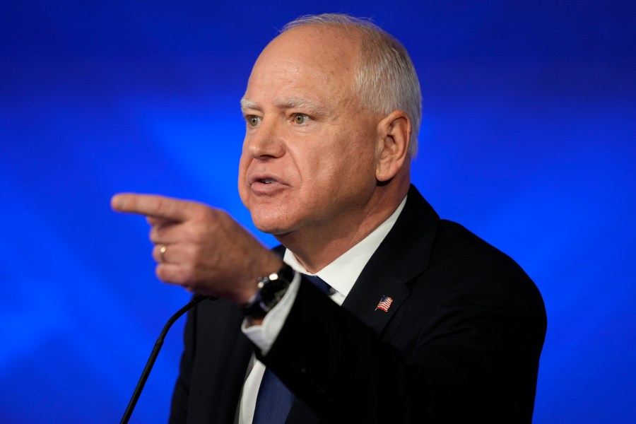 Democratic vice presidential nominee Minnesota Gov. Tim Walz speaks during a vice presidential debate hosted by CBS News, with Republican vice presidential nominee Sen. JD Vance, R-Ohio, Tuesday, Oct. 1, 2024, in New York. (AP Photo/Matt Rourke)