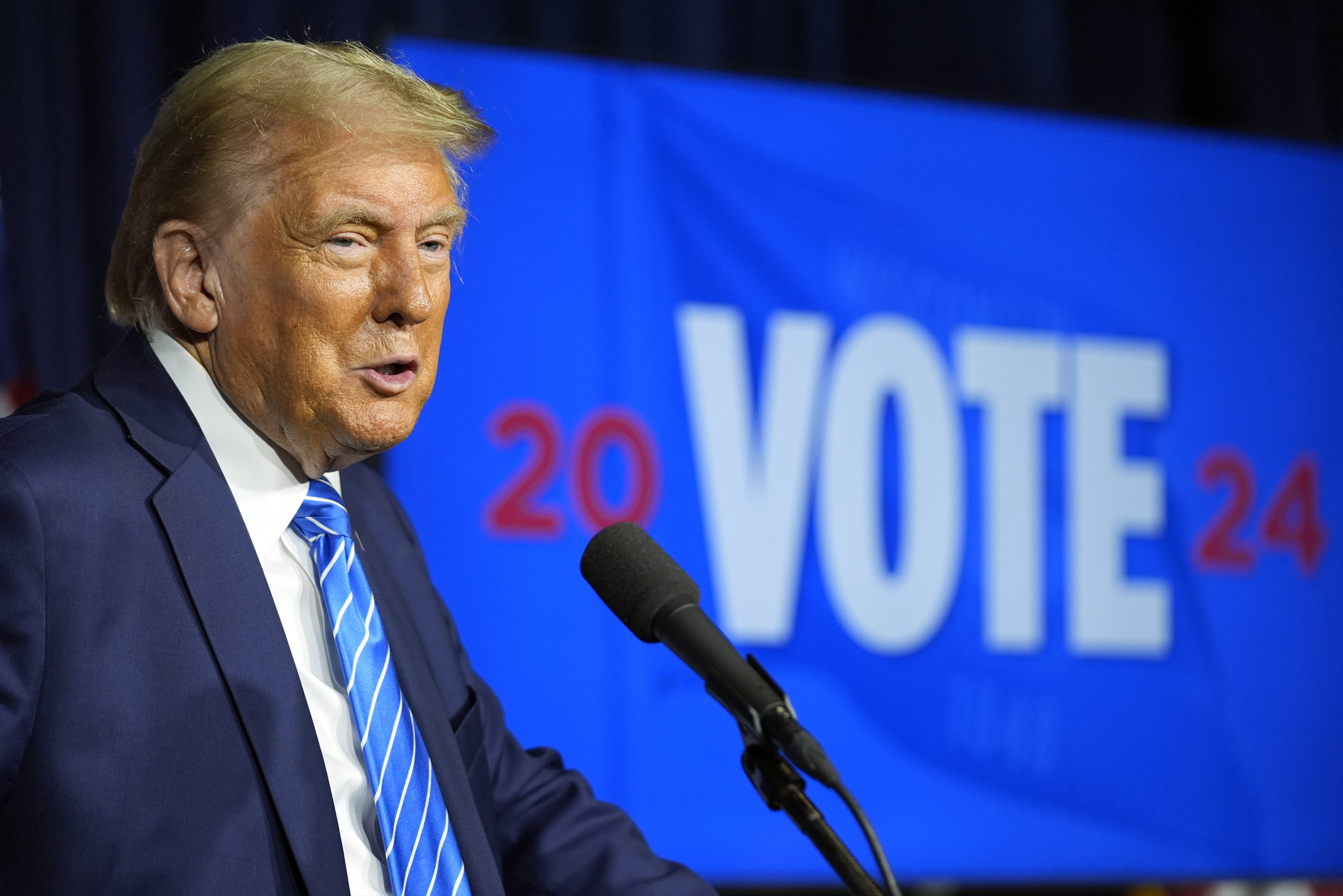 Republican presidential nominee former President Donald Trump speaks at campaign event at Discovery World, Friday, Oct. 1, 2024, in Milwaukee. (AP Photo/Alex Brandon)