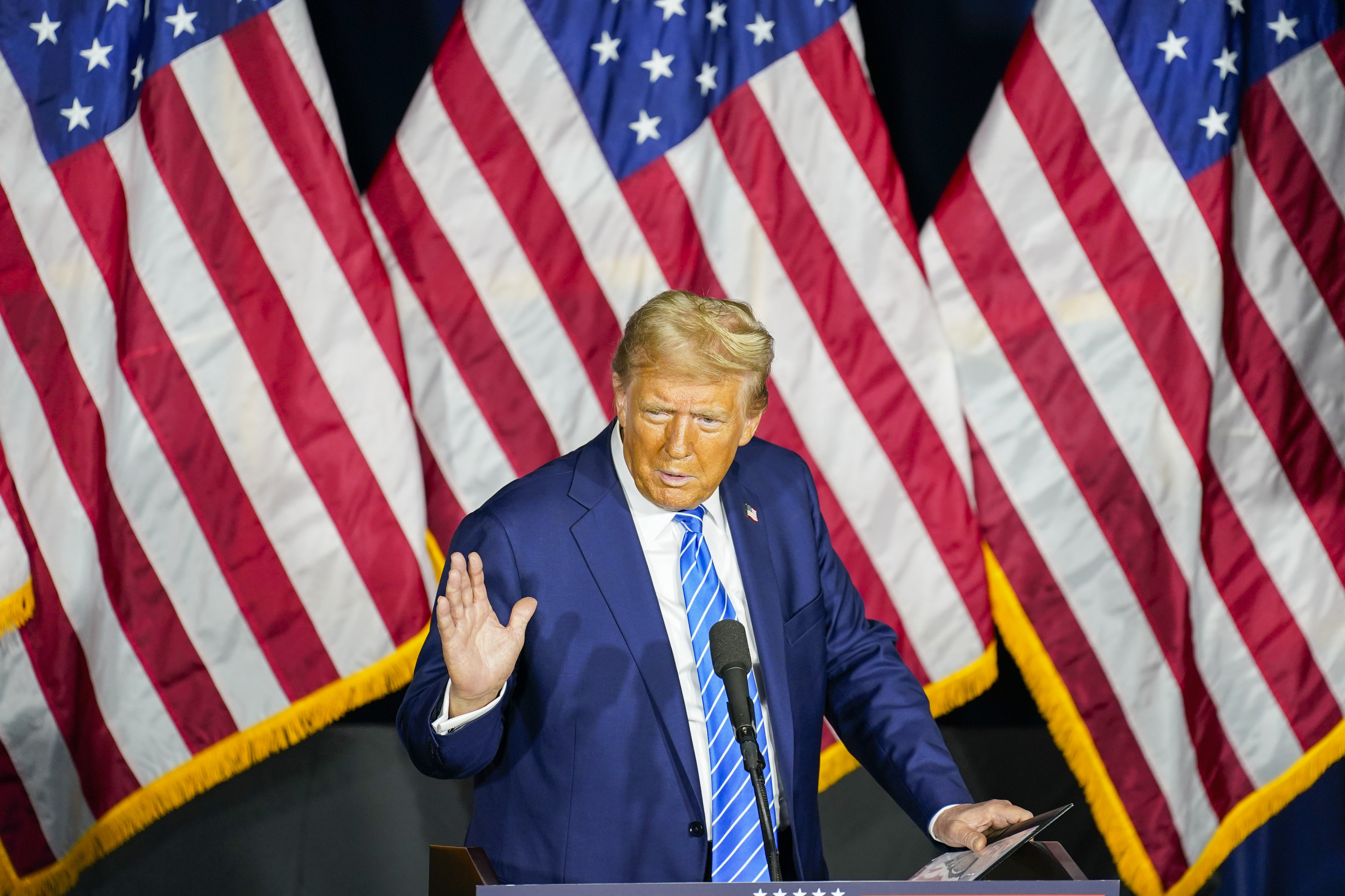 Republican presidential nominee former President Donald Trump speaks at a campaign event Tuesday, Oct. 1, 2024, at Discovery World in Milwaukee. (AP Photo/Andy Manis)