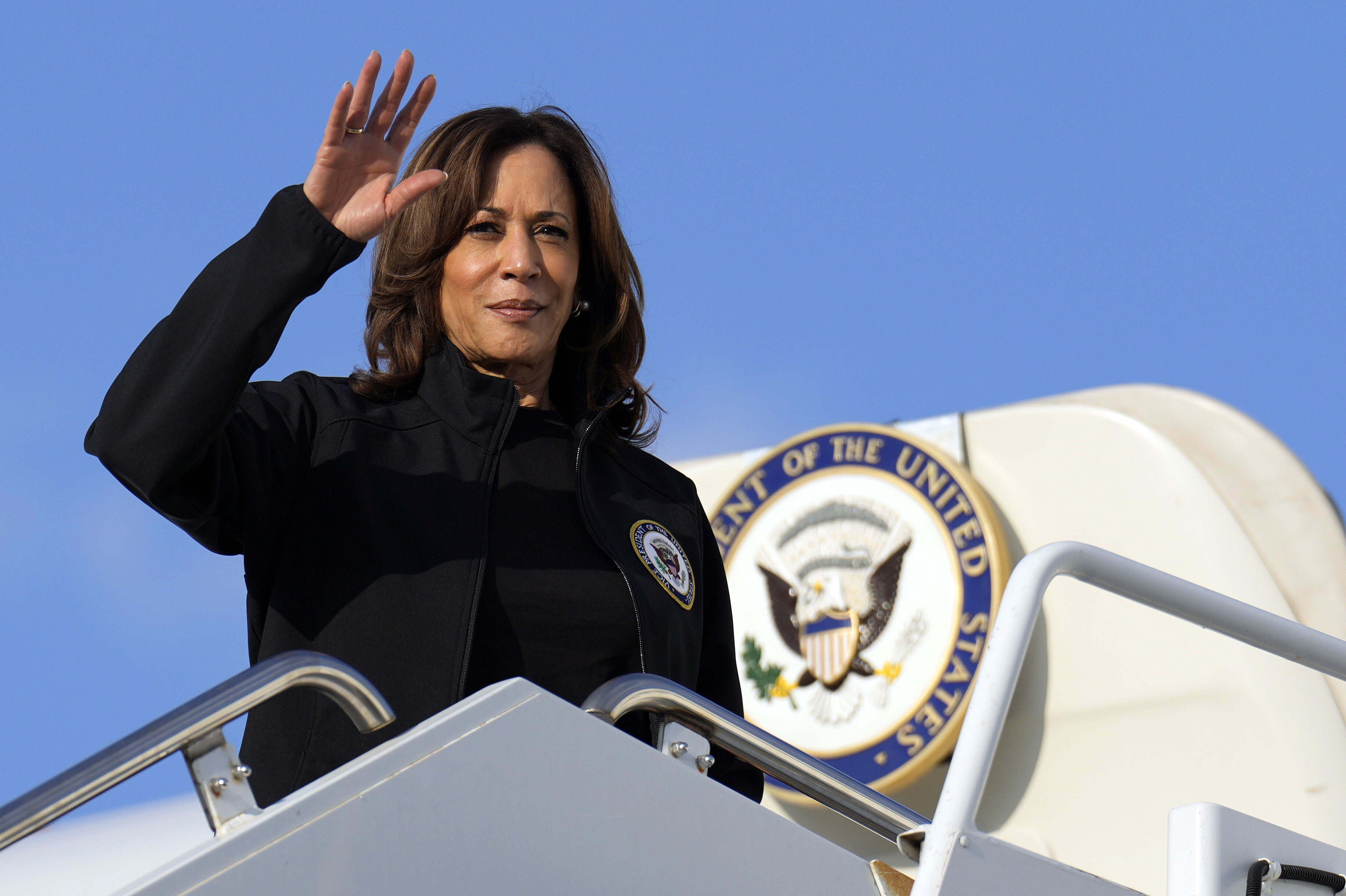 Democratic presidential nominee Vice President Kamala Harris boards Air Force Two at Augusta Regional Airport in Augusta, Ga., Wednesday, Oct. 2, 2024, en route to Washington, after visiting the area impacted by Hurricane Helene. (AP Photo/Carolyn Kaster)