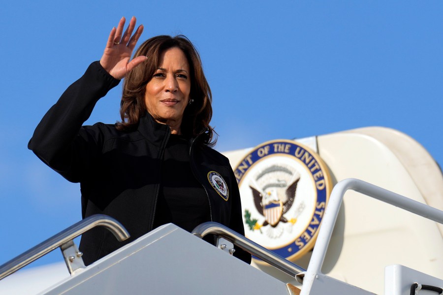 Democratic presidential nominee Vice President Kamala Harris boards Air Force Two at Augusta Regional Airport in Augusta, Ga., Wednesday, Oct. 2, 2024, en route to Washington, after visiting the area impacted by Hurricane Helene. (AP Photo/Carolyn Kaster)