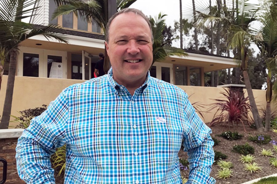 FILE - Scott Baugh, a Republican candidate for Congress from Orange County's 48th District, poses outside a polling place after voting in Huntington Beach, Calif., June 5, 2018. (AP Photo/Krysta Fauria, File)