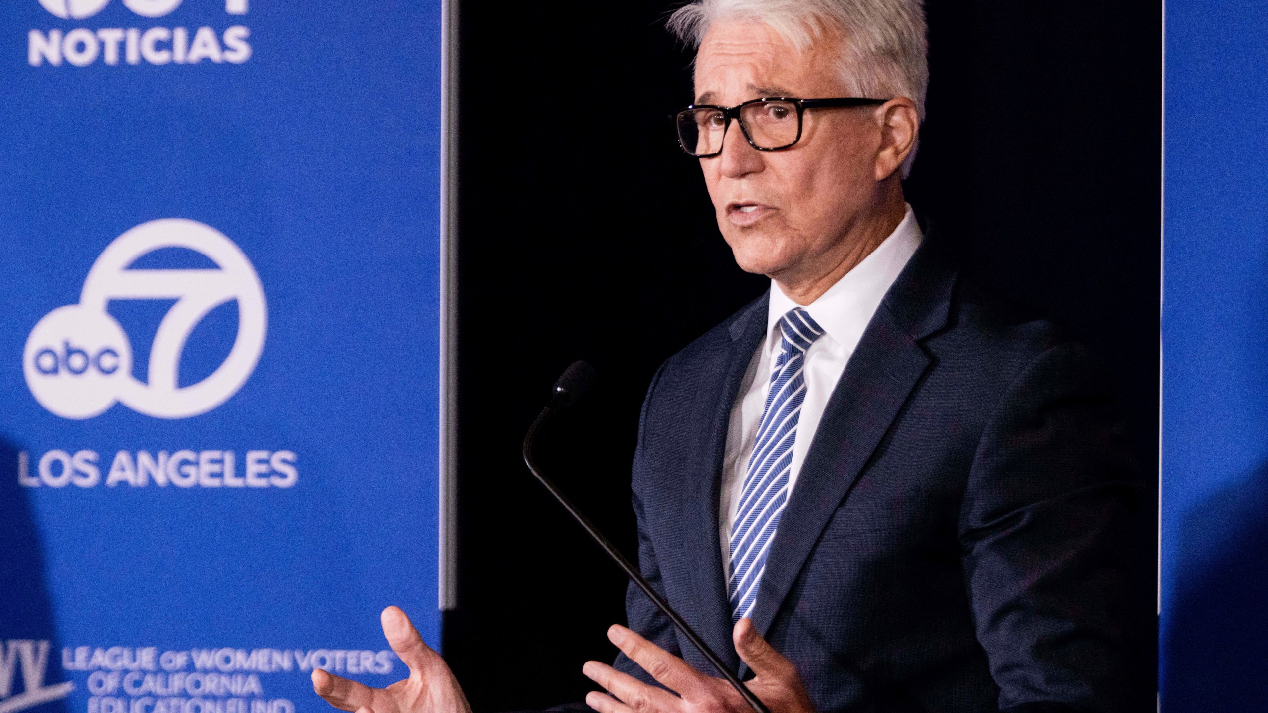 Los Angeles County District Attorney George Gascón speaks during the 2024 Los Angeles County district attorney candidate forum with challenger former federal prosecutor Republican candidate Nathan Hochman in Los Angeles, Sunday, Sept. 29, 2024. (AP Photo/Ethan Swope)